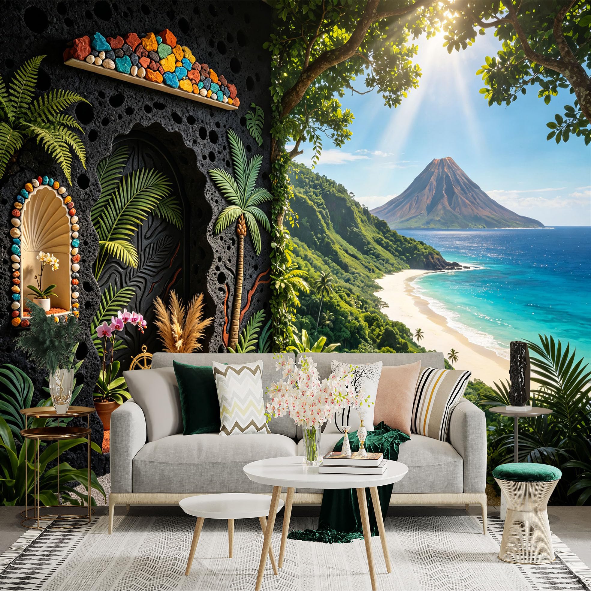 Custom Size Wall Sticker Mural， Tropical Beach Volcano Island and Palm Trees， for wall Decoration， peelandstick wall Decals.