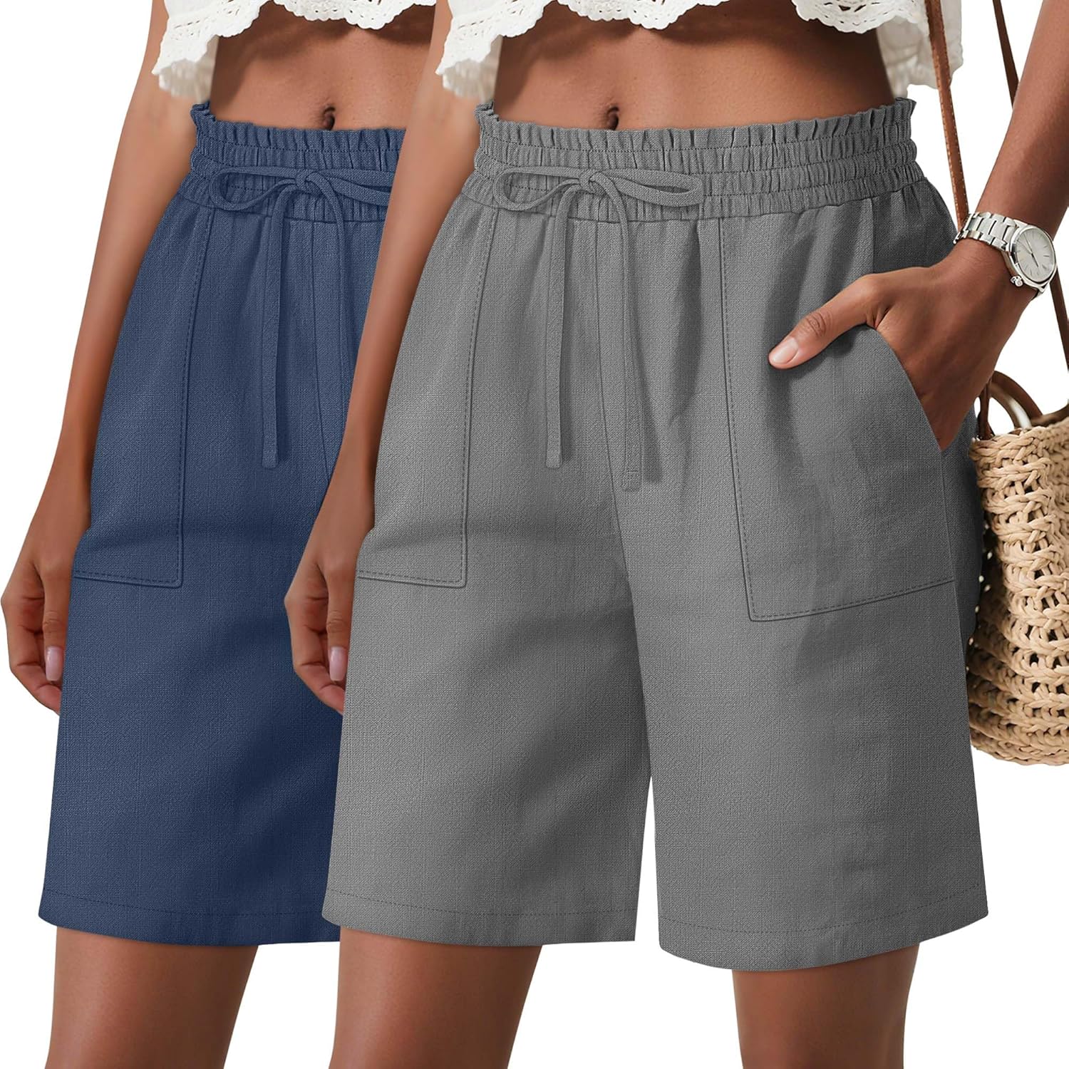 2 Pack Women's Linen Bermuda Shorts Casual Wide Leg Ruffle High Waisted Drawstring Summer Shorts with Pockets