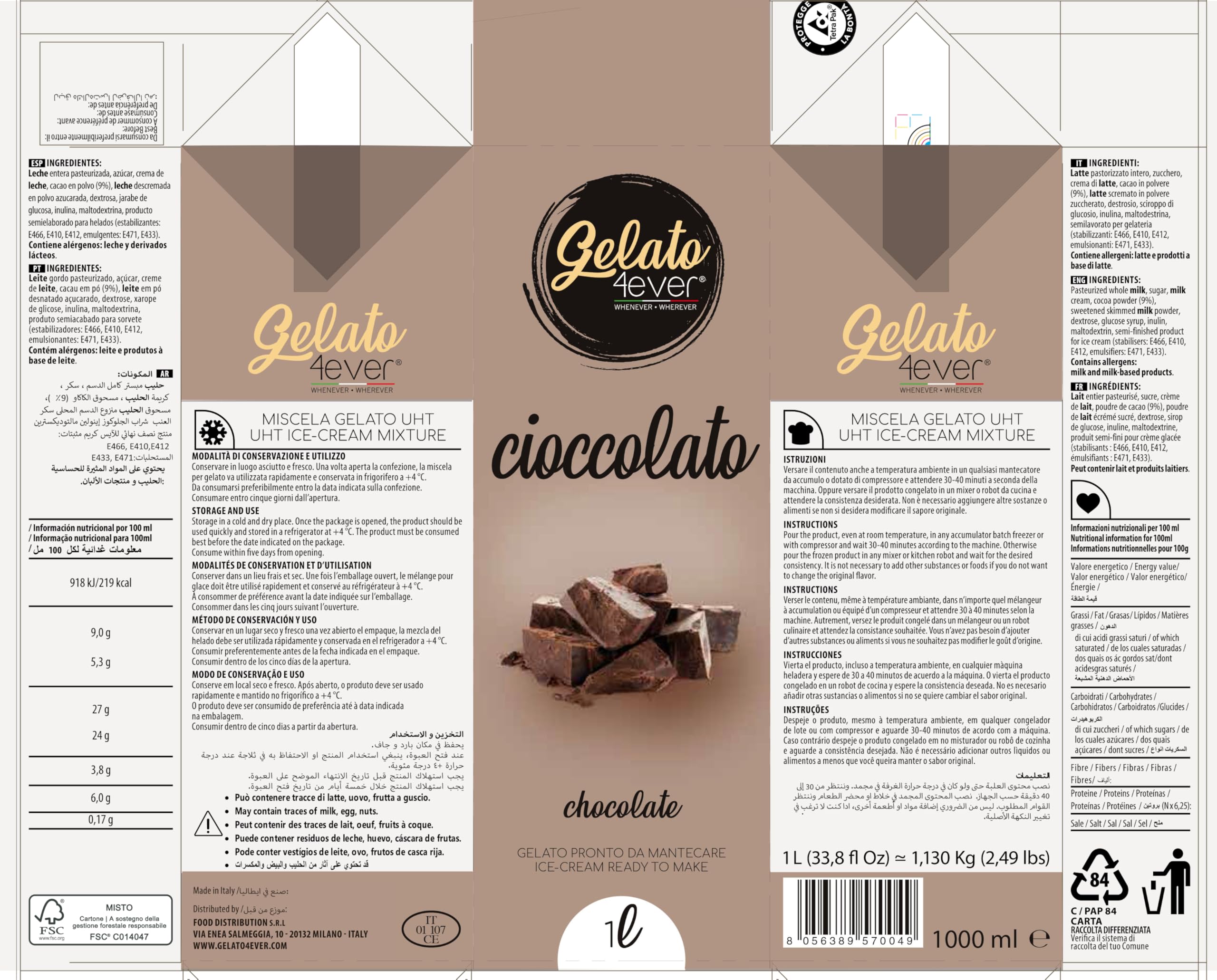 Gelato 4ever Helado listo para mantecar Gelato italiano UHT (Chocolate)