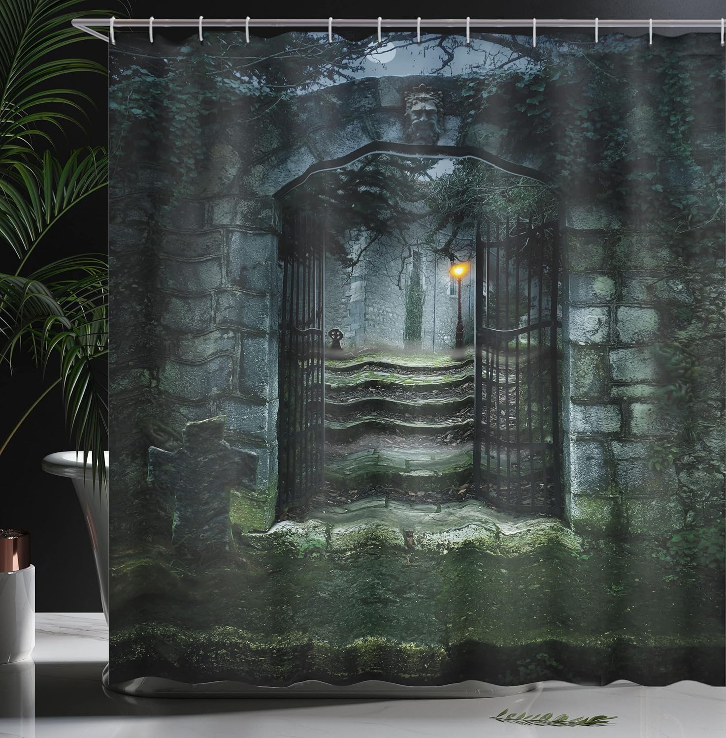 Ambesonne Gothic Shower Curtain, Image of The Door of a Dark Old Haunted House Cemetery Dead Myst Fiction Art Print, Cloth Fabric Bathroom Decor Set with Hooks, 69" W x 75" L, Green Grey