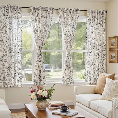 Miniatura 3 de Vangao Cortinas florales de mezcla de lino para sala de estar, 63 pulgadas de largo, cortinas negras sobre beige, pestañas traseras, filtro de luz,