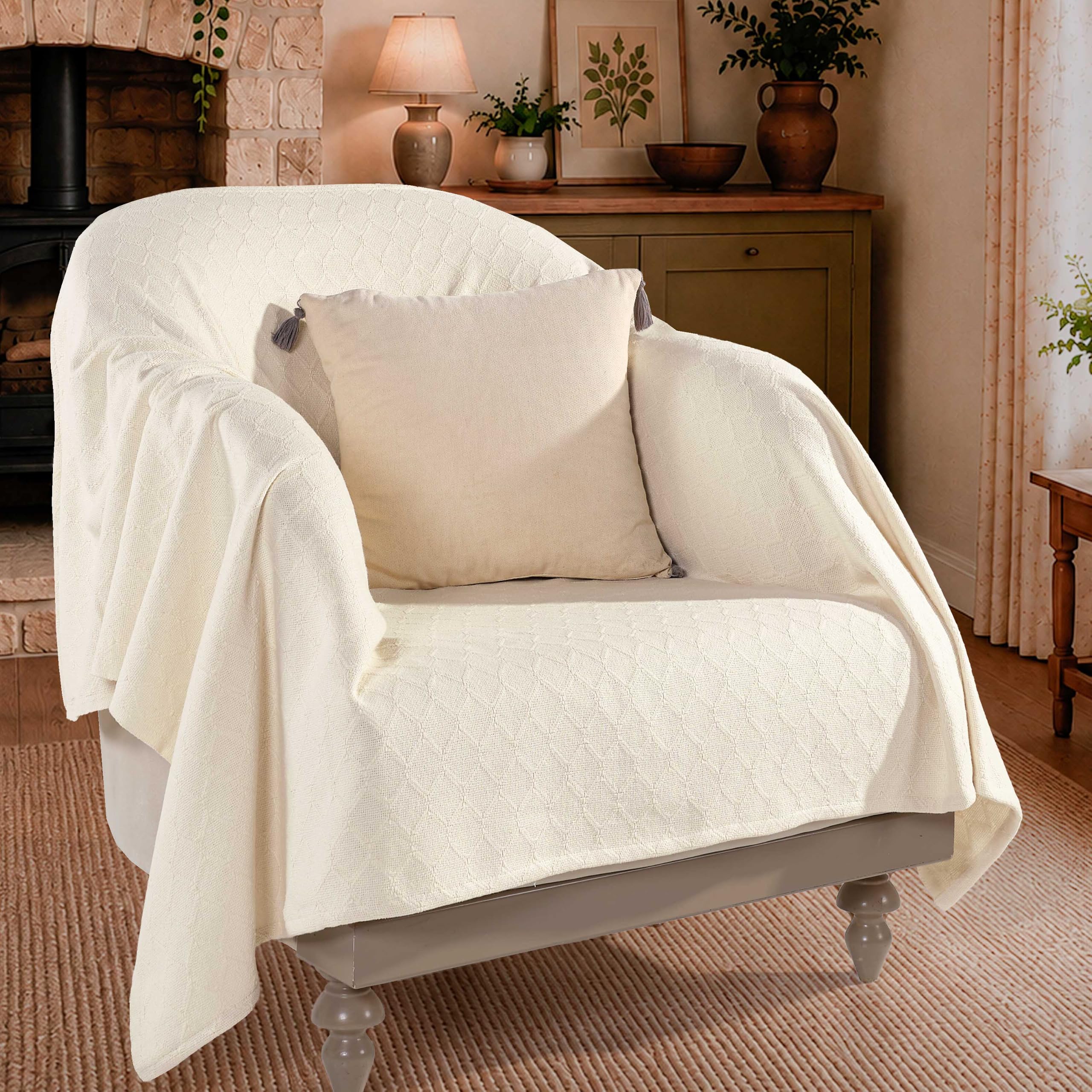 Milam London Cotton Throws for Armchairs, Small Throw for Chairs Cream
