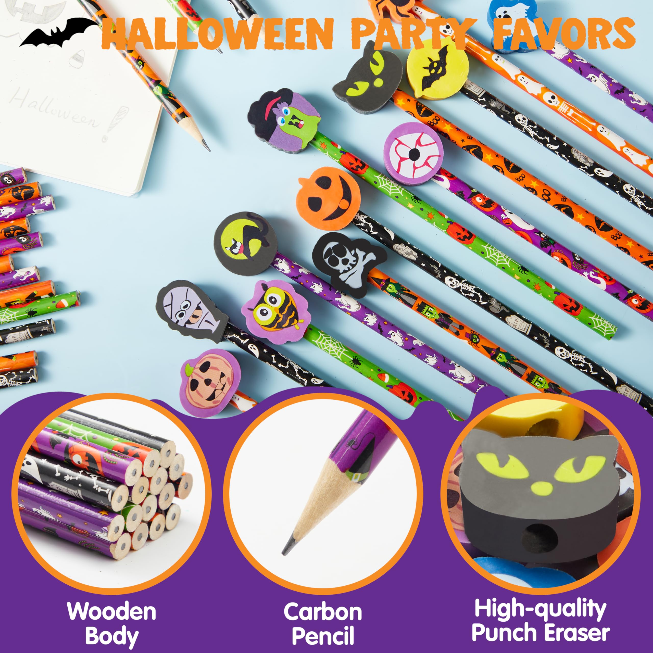 JOYIN Lot de 48 crayons d'Halloween avec gommes, assortiment de 48 crayons de couleur pour enfants en 6 motifs, 48 gommes géantes en 12 styles, fournitures de fête d'Halloween