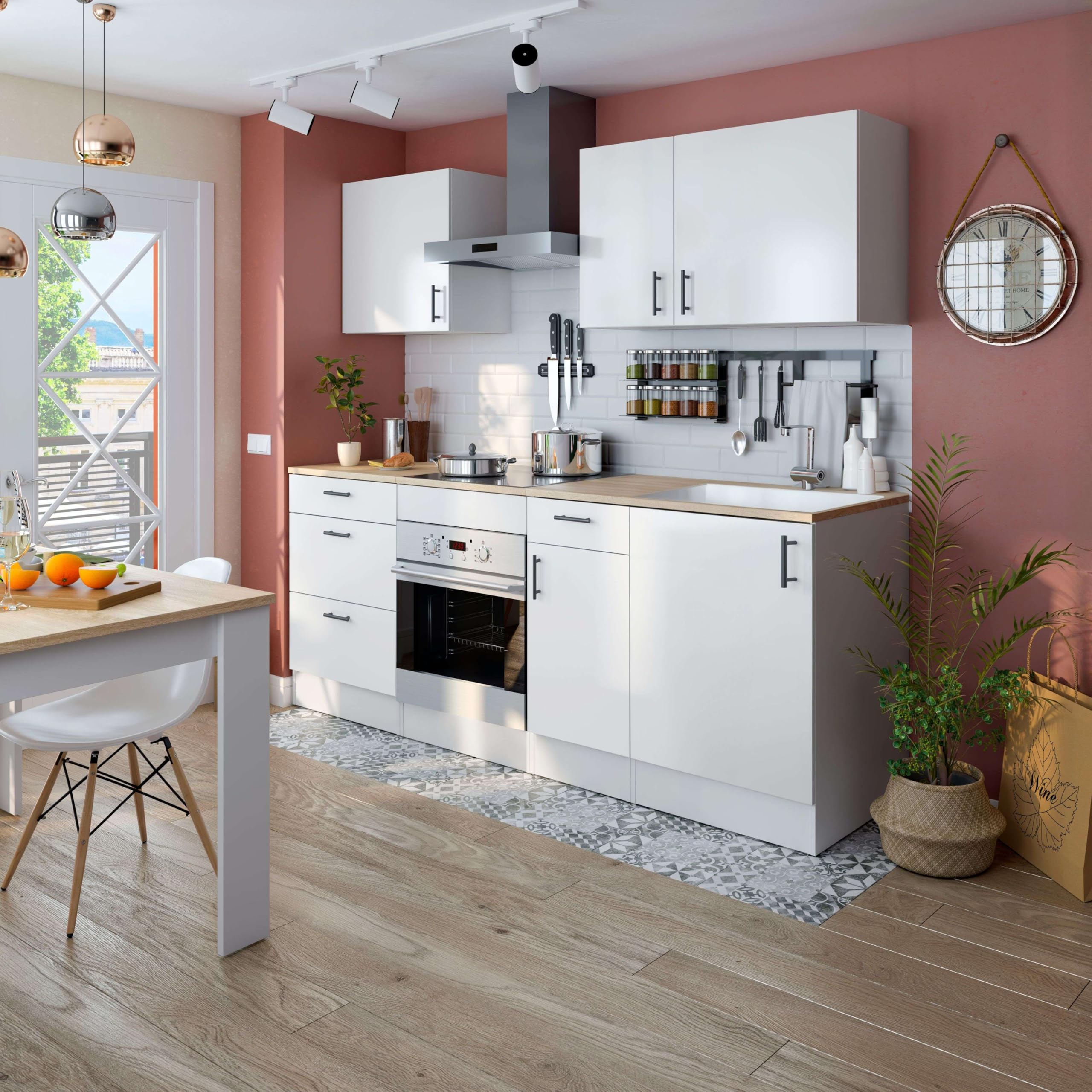 Bricohabitat Módulo Cocina Kira con Hueco para Horno Estándar Moderno Blanco Brillo y Roble Canadian 60x90x60 cm