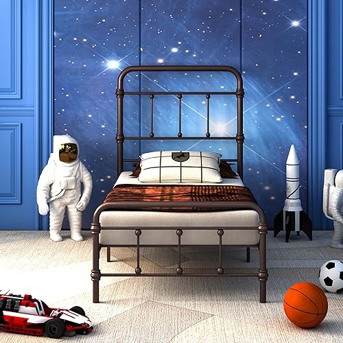 Marco para cama individual, estilo vintage, granja, 49 pulgadas de alto, de hierro, base de colchón con plataforma, no necesita somier (bronce