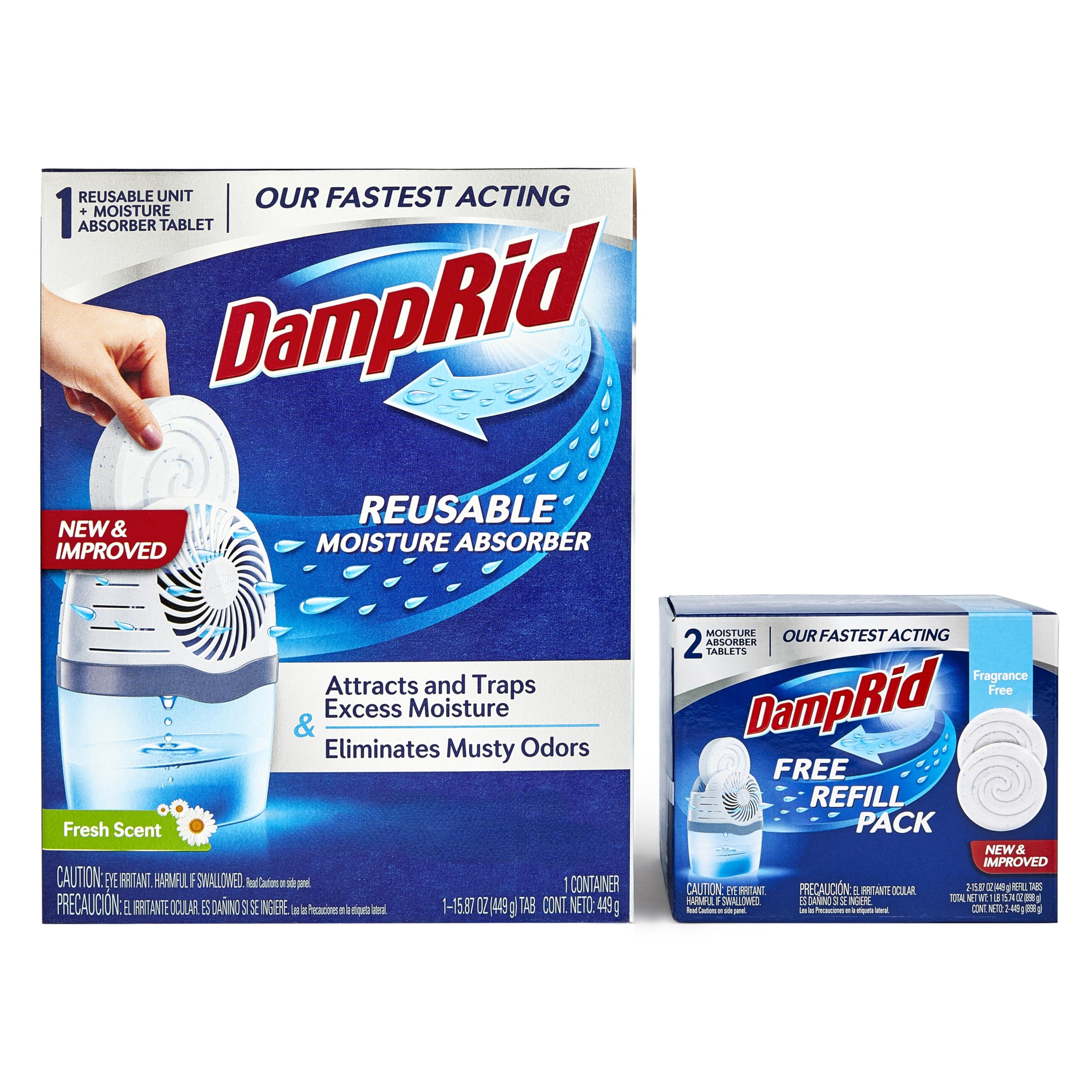 Damp Rid Drop Starter Kit with 1 Fresh Scent Moisture Absorbing Tab Odor Eliminator for Fresher, Cleaner Air, 15 Ounces. + 1 Free Fragrance Free Refill Pack(2 Tabs). Ilios Packaging.