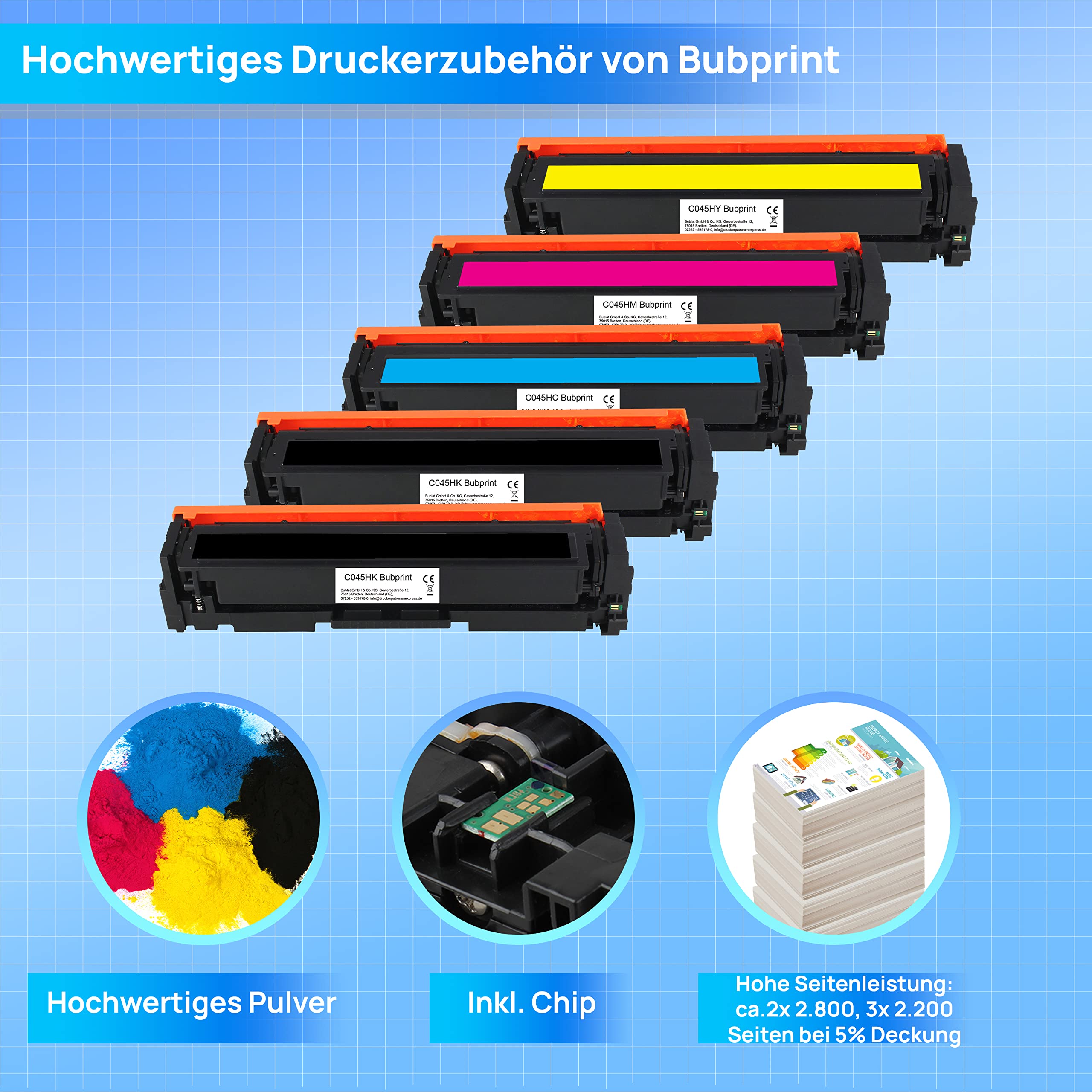 Bubprint 5 tonercartridges compatibel als vervanging voor Canon 045H 045 H i -Sensys LBP611CN LBP612CDW LBP613CDW LBP613CW MF631CN MF632CDW MF633CDW MF634CDW MF635CX set