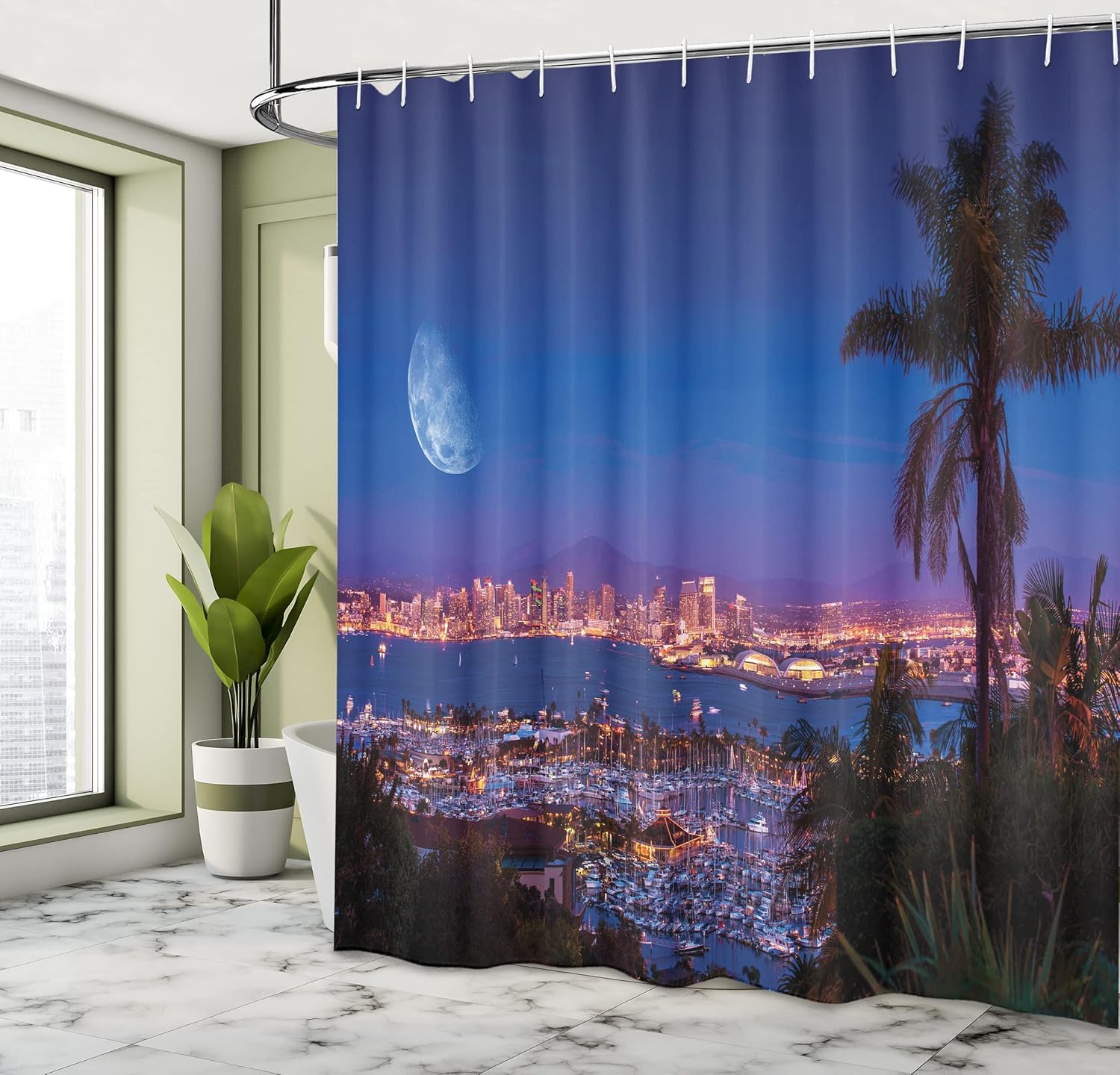 Ambesonne USA Shower Curtain, San Diego California Night with Large Moon on The Horizon Yachts Panorama, Cloth Fabric Bathroom Decor Set with Hooks, 69" W x 70" L, Navy Blue