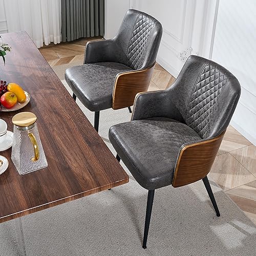 Miniatura 7 de BV Juego de 2 sillas de comedor modernas de mediados de siglo, piel sintética retro con asiento de madera curvada de nogal, patas de metal, pie