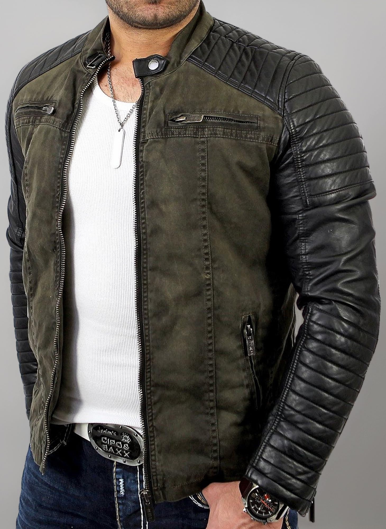 Men's Casual Cotton and Synthetic Leather Transition Jacket - Khaki