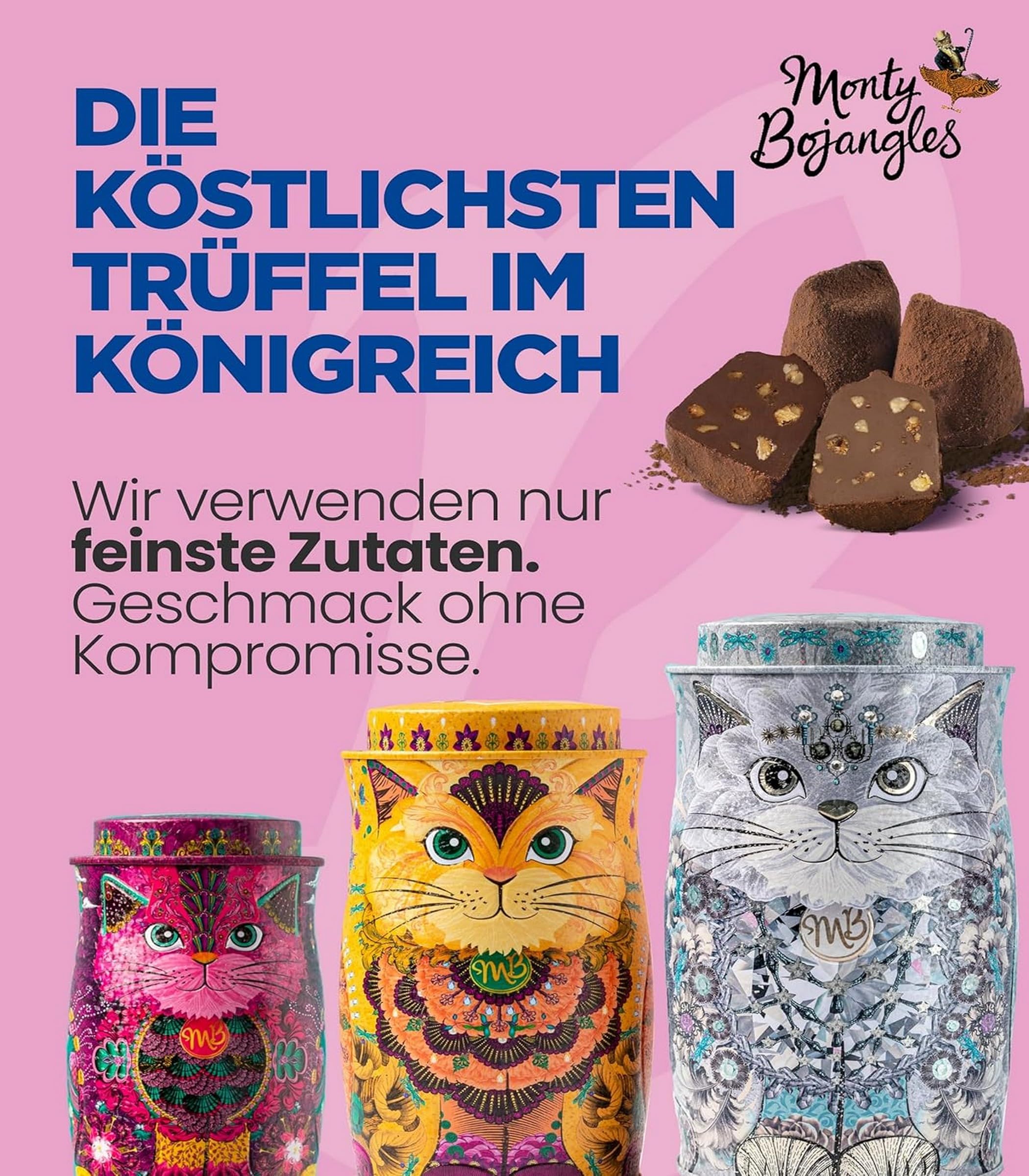 Monty Bojangles Kit-Tins Schokoladentrüffel (4 x 36g) Truffle Pralinen mit Kakao bestäubt Pralinen, Schokolade Sammlerdose mit Katzen-Design, Geschenkset mit vier Geschmacksrichtungen