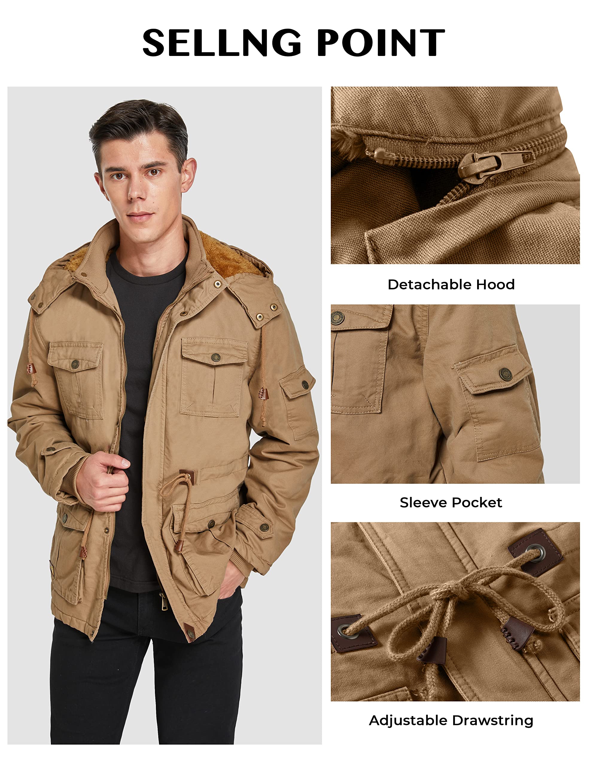 WenVen Abrigos Cálido Invierno Chaqueta Entretiempo Parka Militar Hombre | Capucha Gruesa Extraíble,Forro Gruesa,Rompevientos,Cálida,Rompevientos Ligero,Exteriores,Exterior,Senderismo,uso Diario