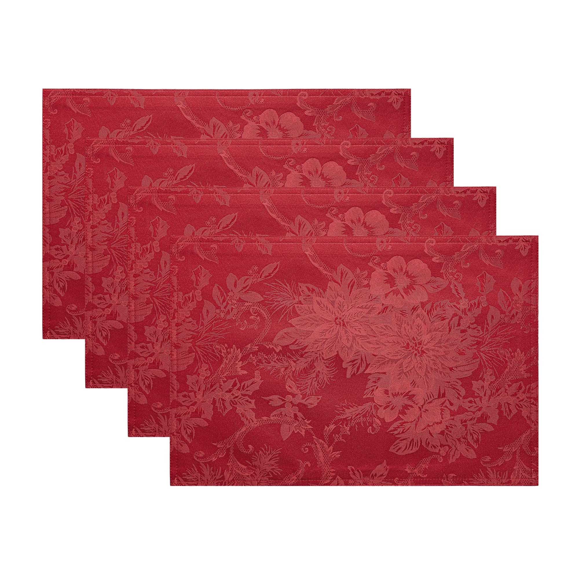 Elrene Home Fashions Poinsettia Elegance Jacquard Christmas/Holiday Rectangle Dining Placemat, Set of 4, 13"x19", Red