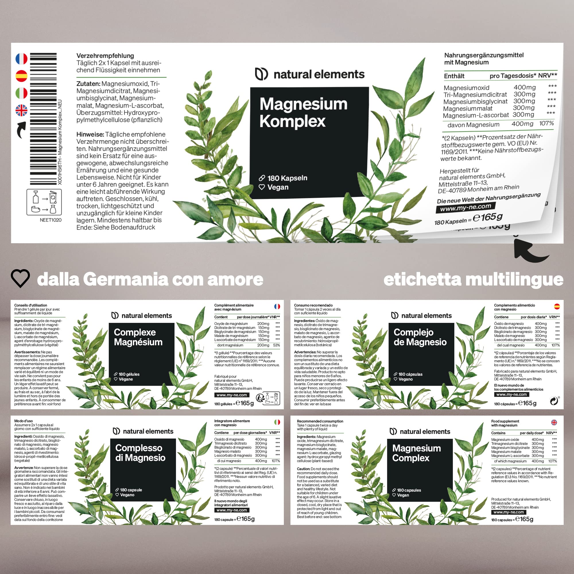 Magnesio Completo – qualità premium: a base di 5 composti di alta qualità – 400 mg di magnesio elementare per dose giornaliera – testato in laboratorio, vegano, ad alto dosaggio