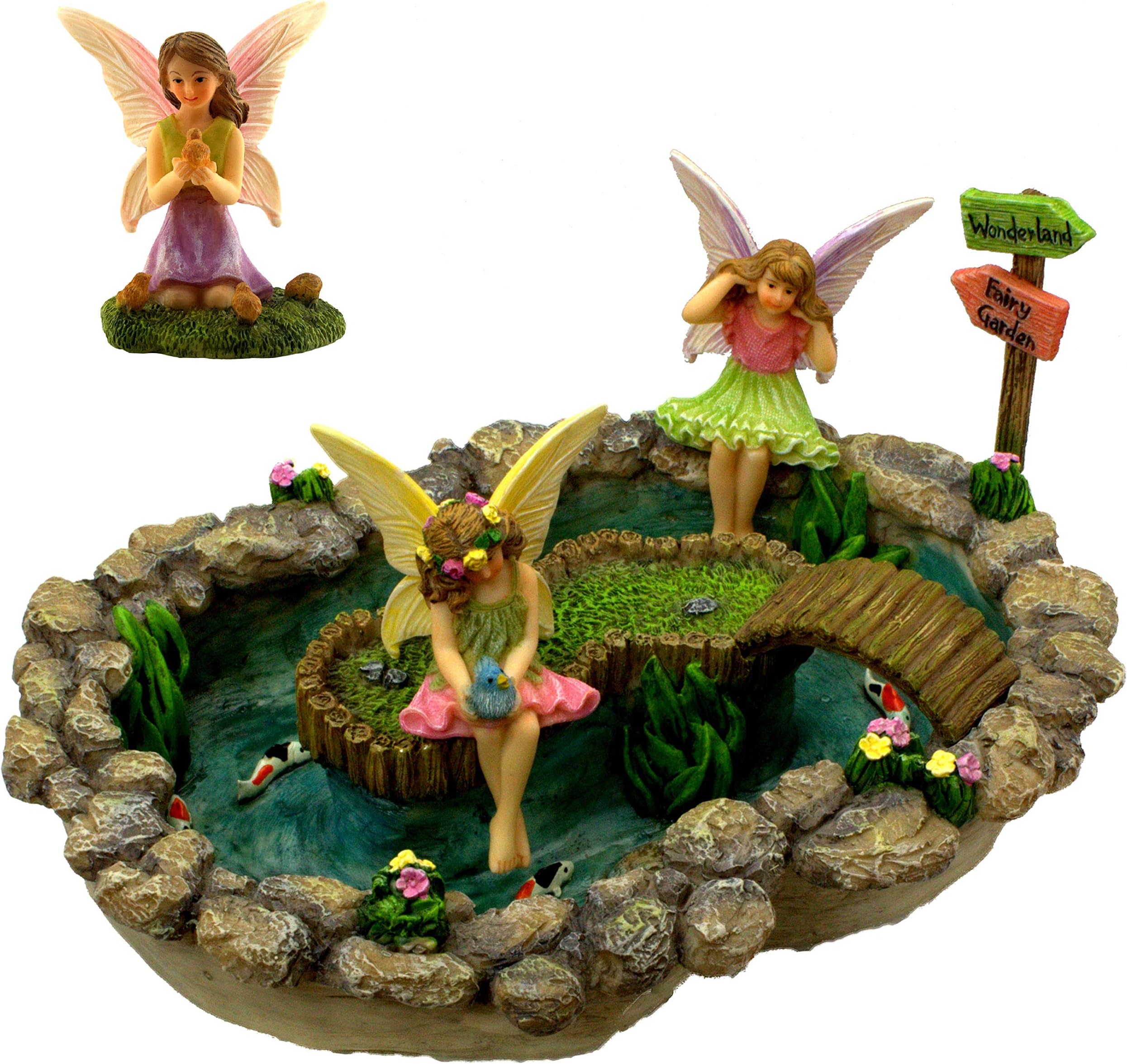 PRETMANNS Fairy Garden Pond Accessories - Miniature Fairies Set – 3 Fairy Figurines & Sign with a Beautiful Large Crafted Lily Pond (21 cm x 15.5cm) - 5 Pieces