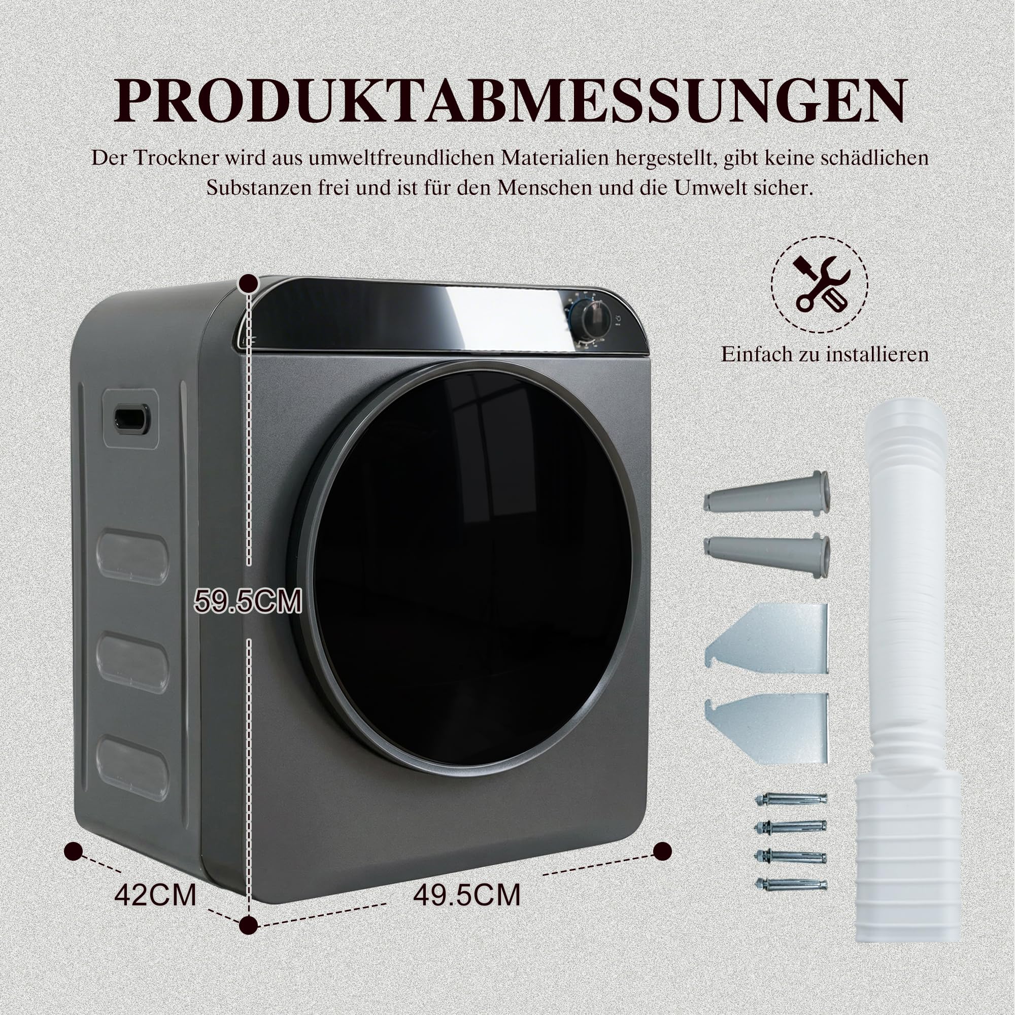 Wäschetrockner mit PTC-Heizung, Edelstahltrommel 3-5 kg, 4 Programme (inkl. Kühlung, Desinfektion), stapelbar/wandmontierbar, für Familien
