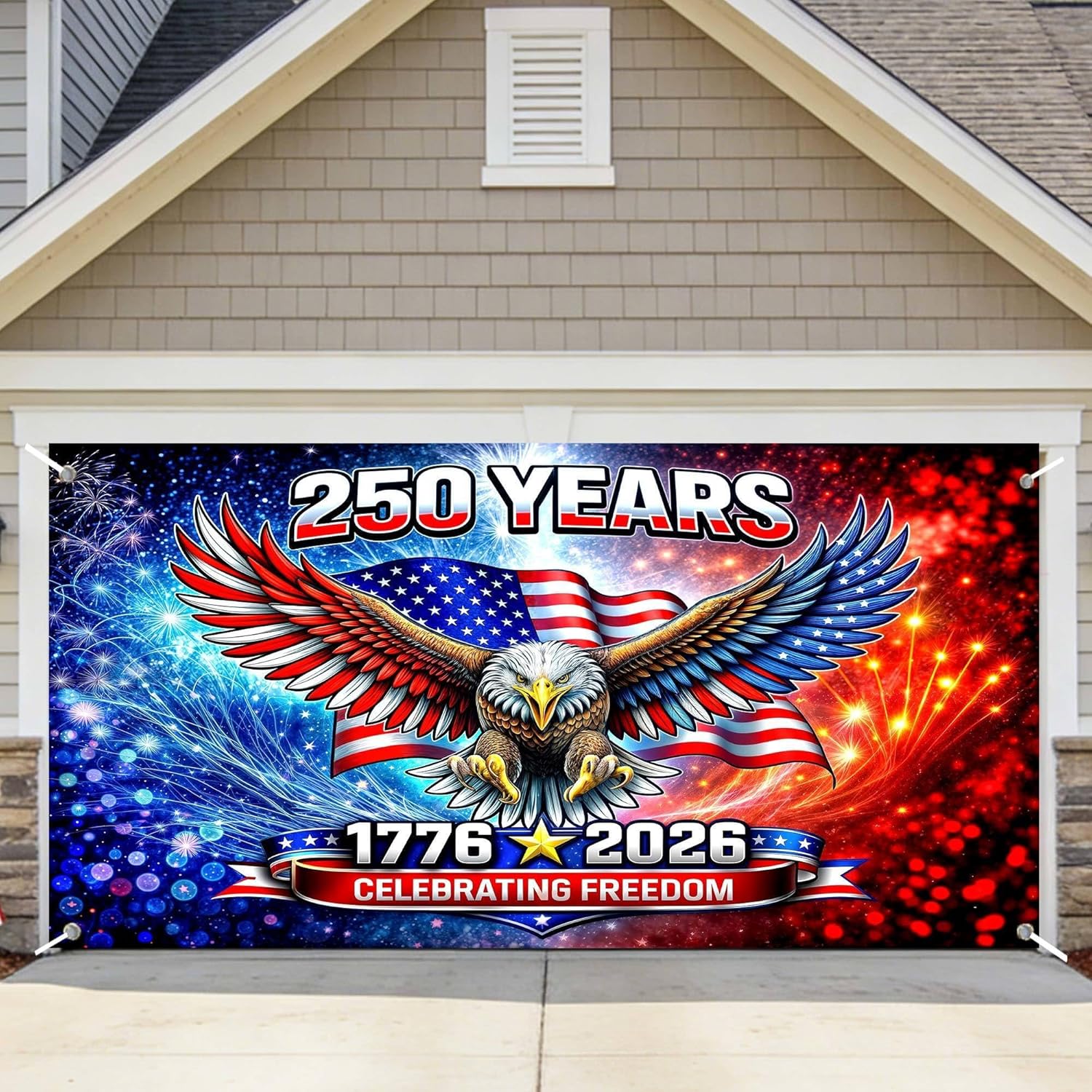 American 250th Birthday Garage Door Cover Decoration, 4th of July Eagle Photograph Backdrop America 1776-2026 USA Banner 250th Anniversary Garage Door for Independence Day Patriotic Decor 16X7FT