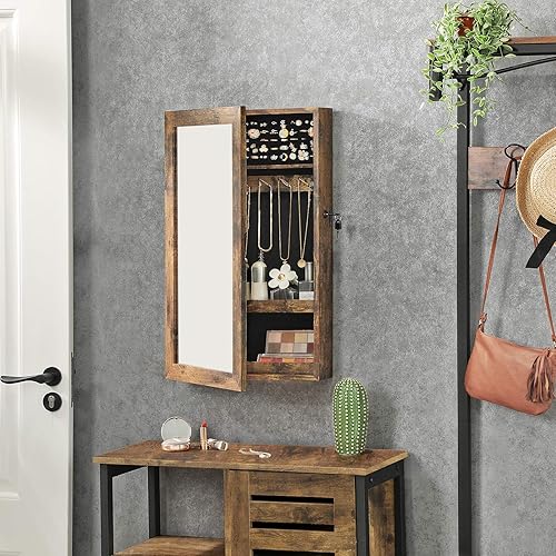 Miniatura 6 de SONGMICS Armario de joyería con cerradura con espejo, organizador de almacenamiento de joyas para ahorrar espacio montado en la pared, color marrón