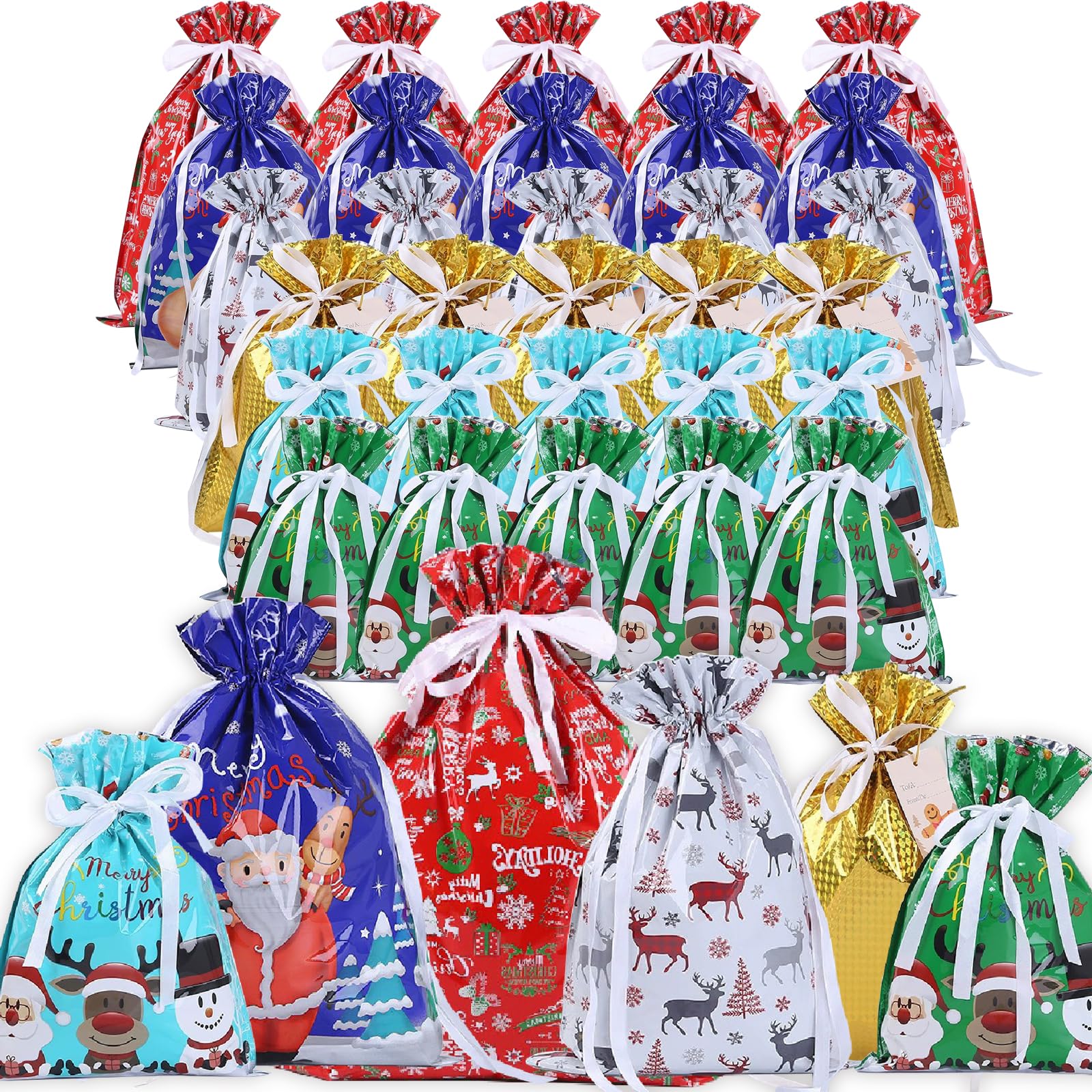 Roontin 30pcs Drawstrings Christmas Gift Bags - Gift Bags Assorted Sizes Foil Gift Wrapping Sacks Pouches withTags for Holiday Presents Party Favor