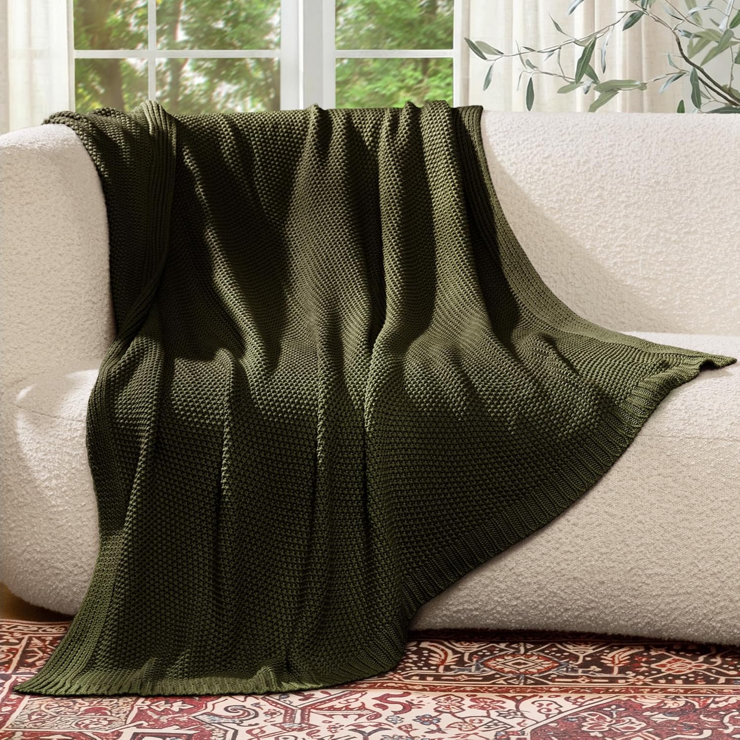 100% Cotton Cable Knit Throw Blanket, Lightweight Soft Knit Blanket for Sofa Couch Bed, Breathable All-Season Throw, Cozy Decorative Blanket, 50 x 60 Inch,Olive Green