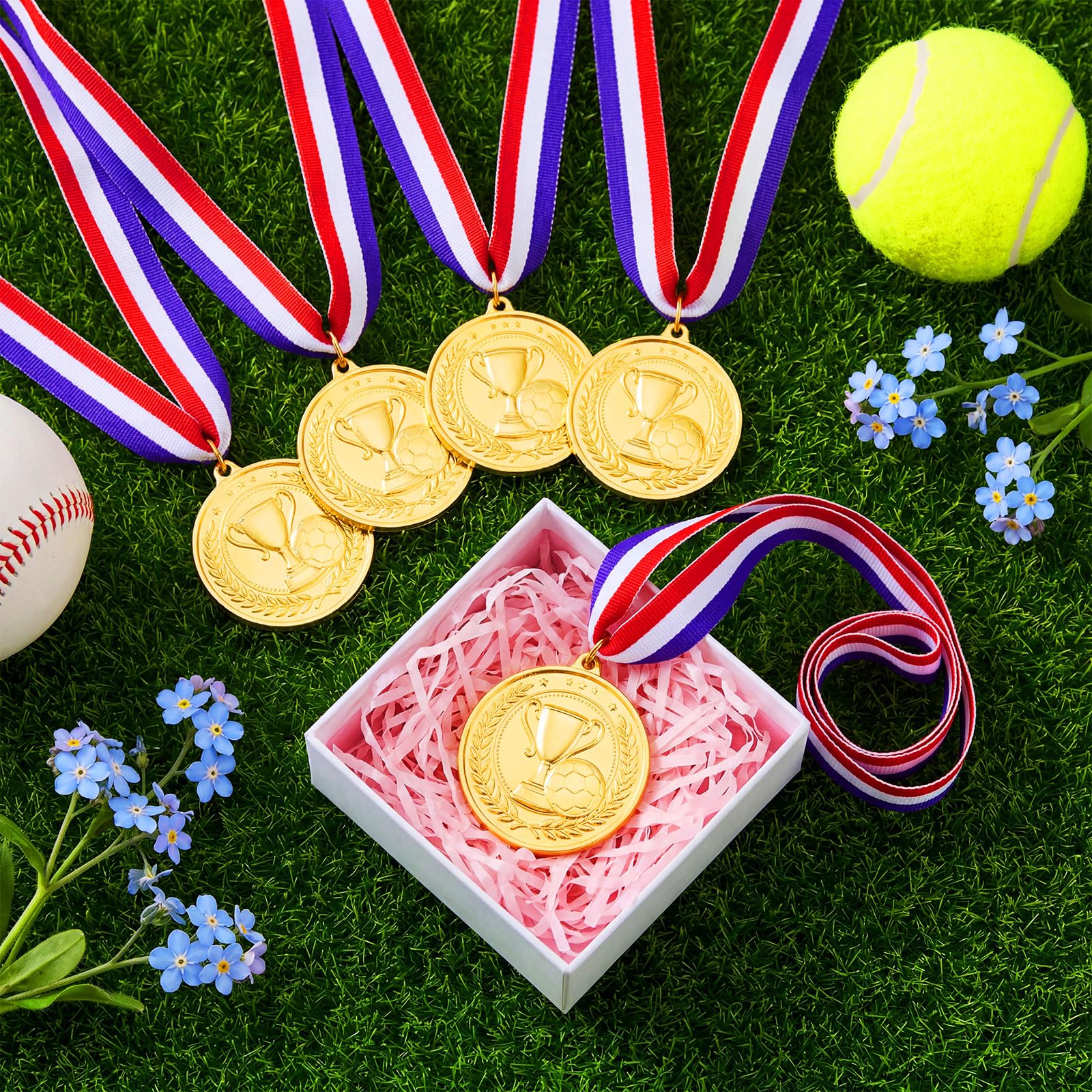 Quelay Medallas de premio de oro de 2 pulgadas con cintas para el cuello, premios para competiciones de participación para fútbol, béisbol, baloncesto, golf