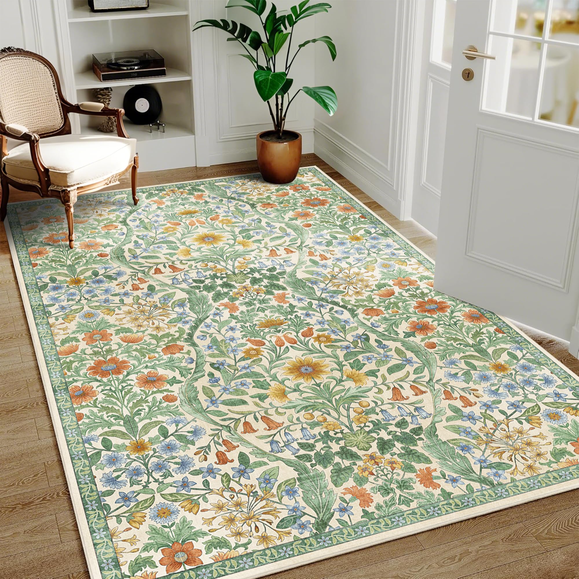 4x6 Floral Area Rug Soft Low Pile Boho Carpet for Living Room