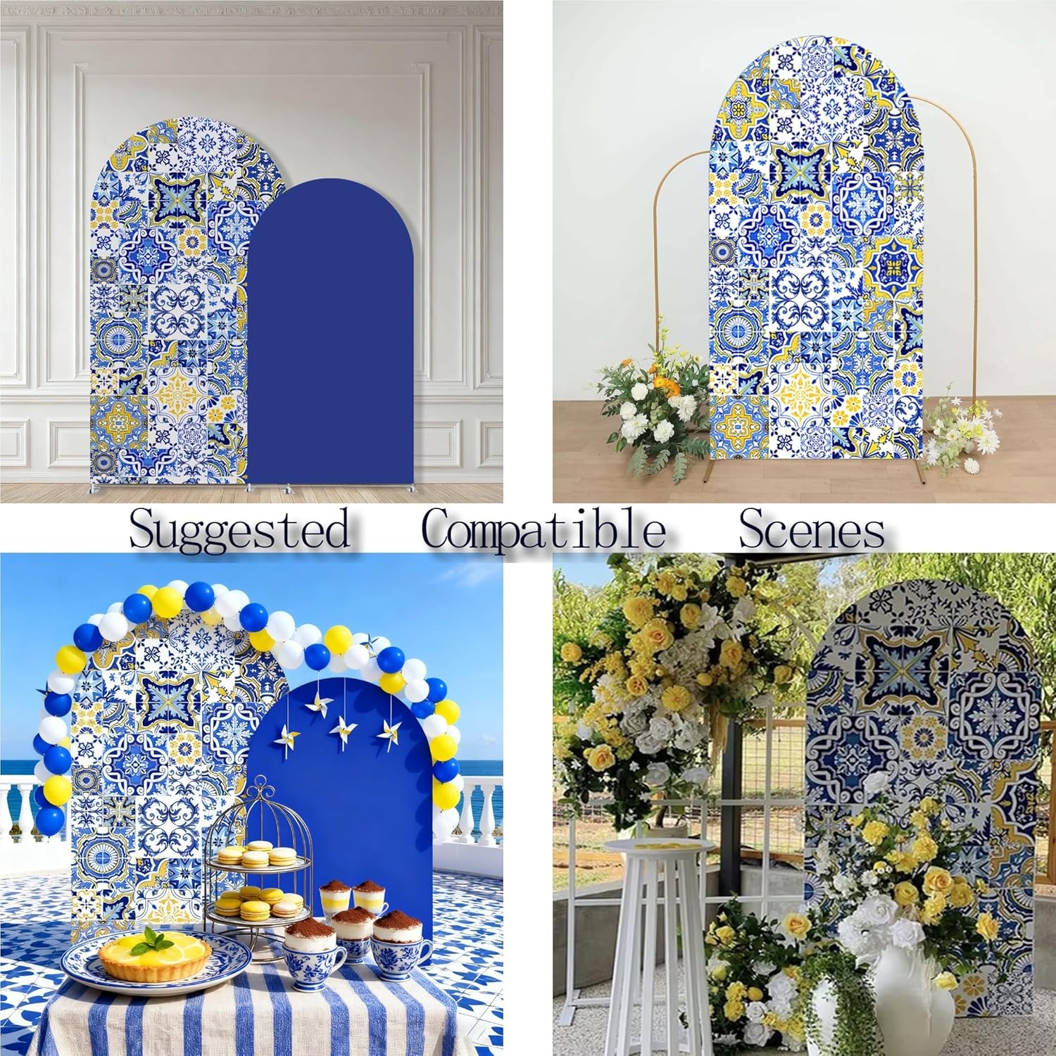Arch Backdrop Covers Mediterranean Patchwork Tile Theme Arched Background Stand Cover for Birthday Banquet Porcelain Parties Decorations GX04