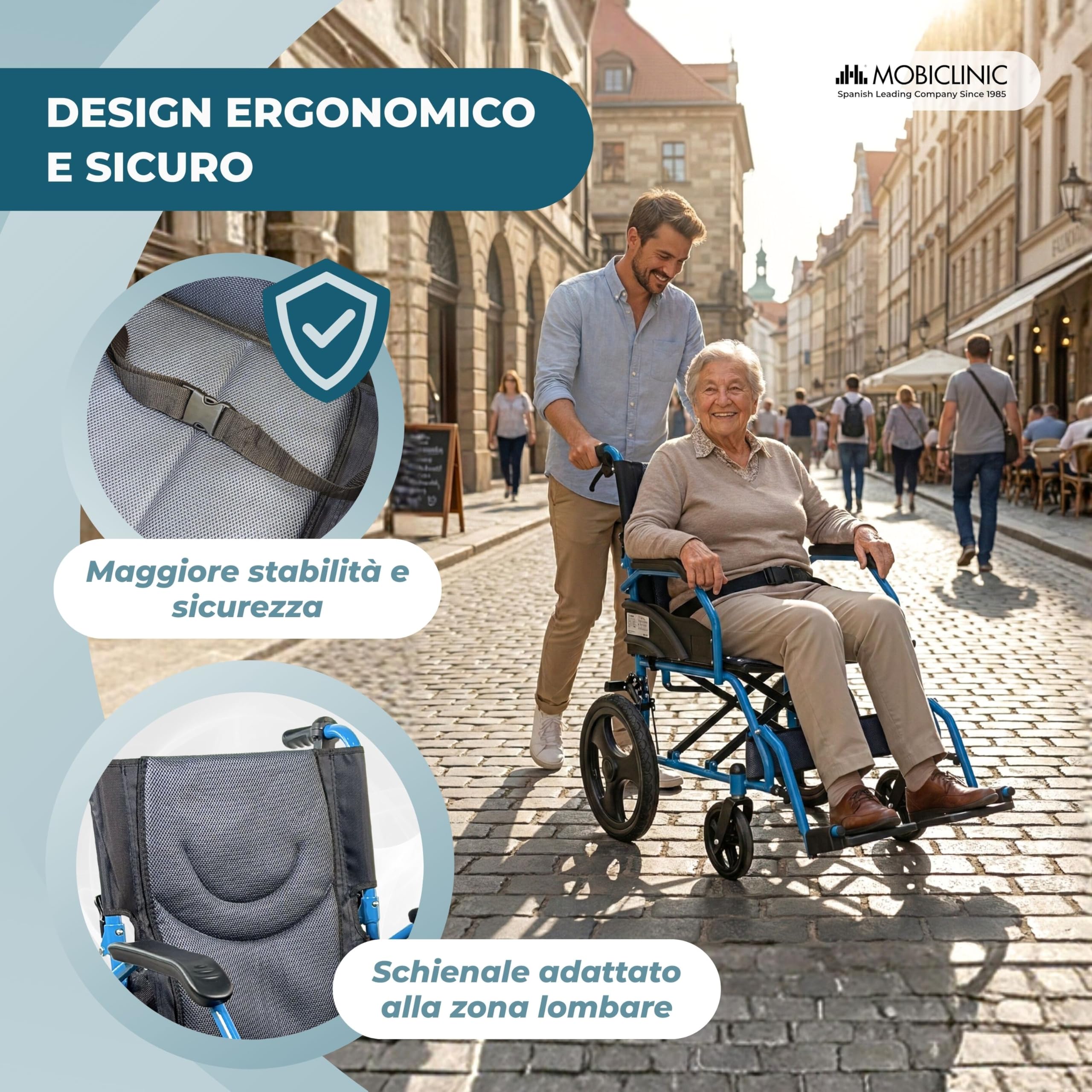 Mobiclinic®, Sedia a Rotelle Pieghevole Leggera, da Transito, Schienale Pieghevole, Poggiapiedi Pieghevoli, Doppio Sistema Frenante, Acciaio Rinforzato, Fino a 100 kg, Leggera e Compatta, Faraón