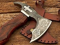 Vista 4 de Hacha de acero al carbono hecha a mano única personalizada Hacha funcional Hacha vikinga Mango pulido de madera rosa con funda de cuero