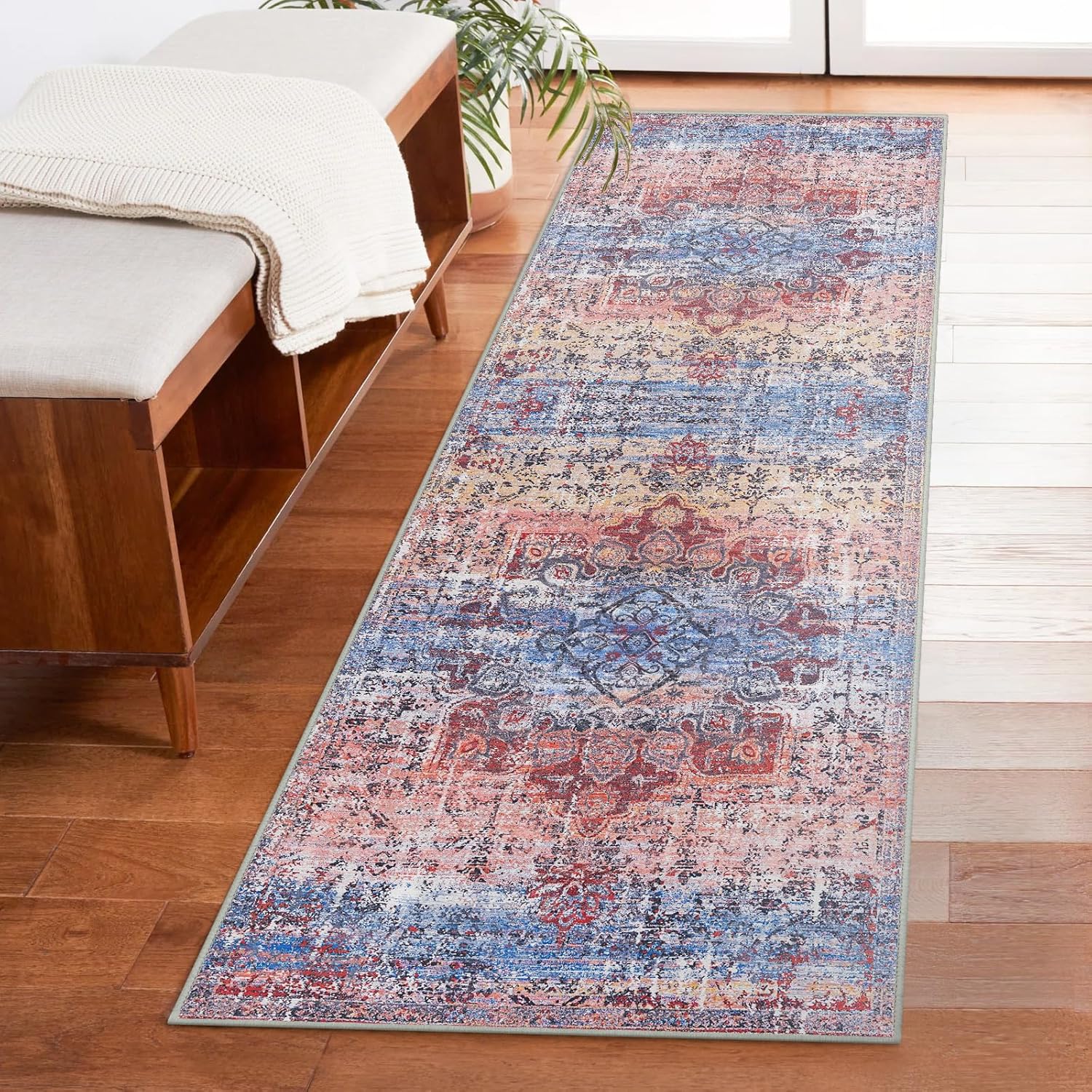 2x6 Kitchen Runner Rug: Washable Hallway Non Slip Runners Rugs - Blue Modern Carpet for Bathroom Laundry Room Bedroom G- Blue/ Pink 2'x6'