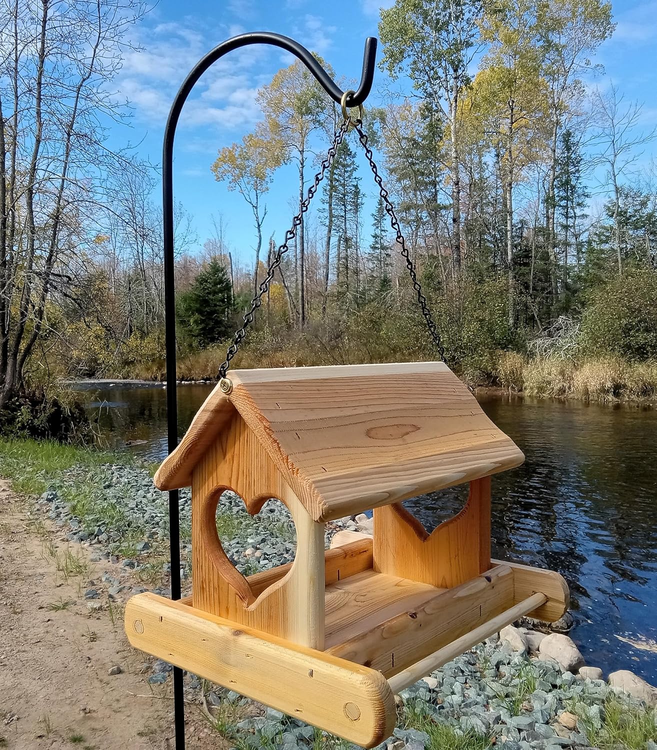 14 Inch Hanging Cedar Wood Heart Fly Through Platform Bird or Squirrel Feeder for Outdoors