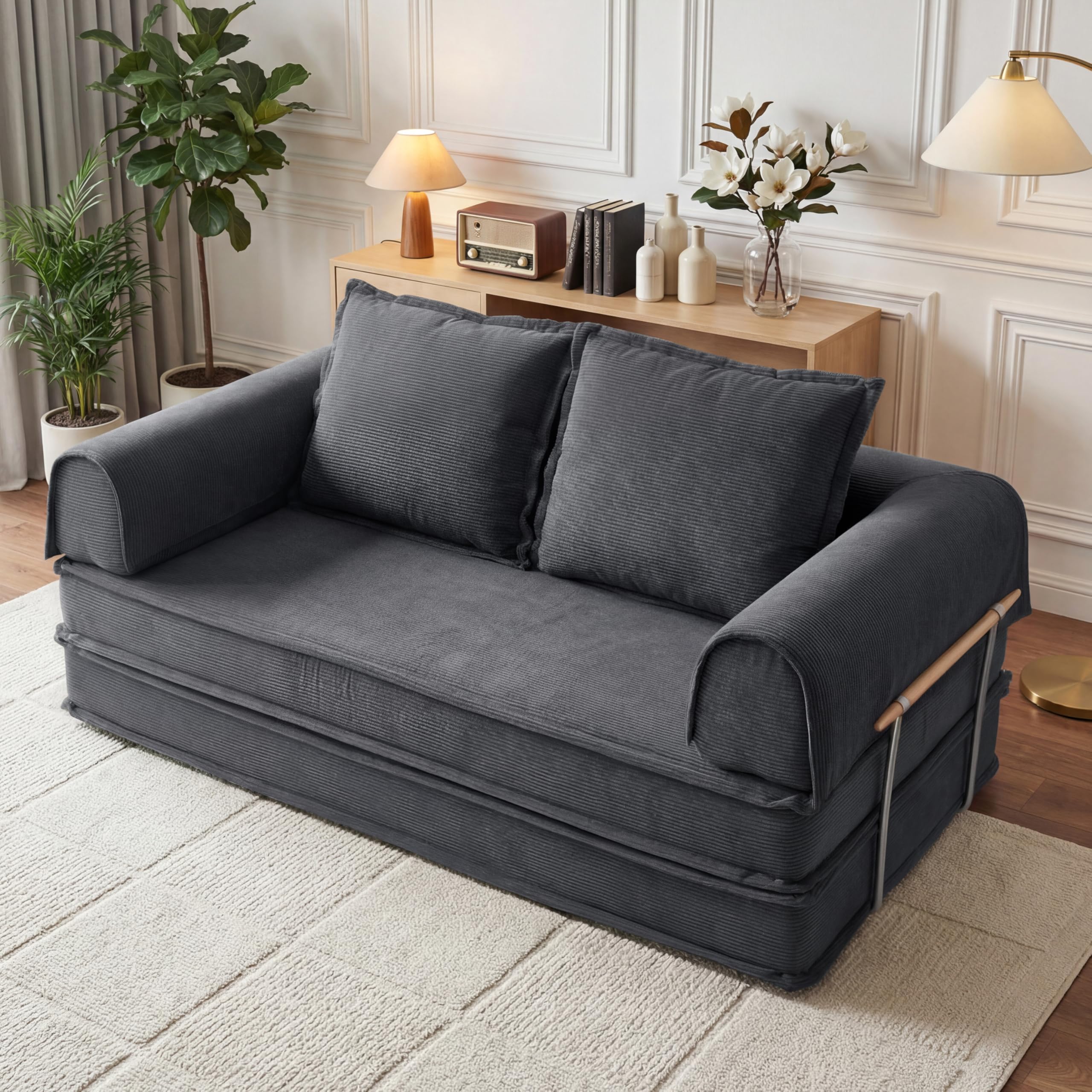 Bon Divano letto convertibile a 3 posti, divano futon in velluto a coste grigio chiaro, design modulare 5 in 1, base antiscivolo, lavabile, perfetto per soggiorno e comfort quotidiano