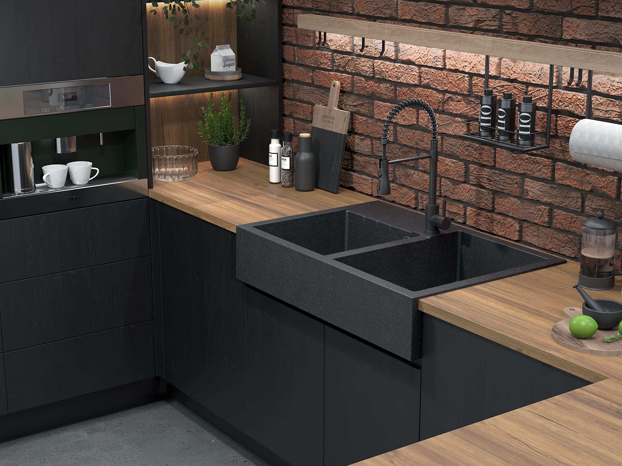 VBChome Spülbecken 90 x 62 cm Bauernhaus-Küchenspüle Doppelschüssel Schwarz Granit Rechteckig Einbauspüle Gesprenkelt Großes Tiefes Becken Granitspüle + Siphon