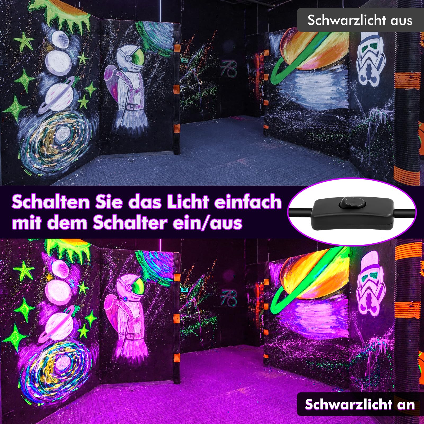 100W LED Luz Negra, Luz Ultravioleta con Enchufe, 1.5m Cable, Interruptor, 385-400NM Luz Negra Ultravioleta, IP66 Impermeable Luz UV Fiesta de Navidad, Halloween, Fiesta, Pintura Corporal