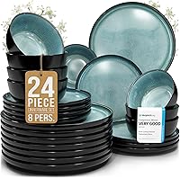PURELIVING 24-Piece Stoneware Dinnerware Set for 8 - Scratch-Resistant Plates & Bowls, Dishwasher & Microwave Safe in Black & Petrol Blue