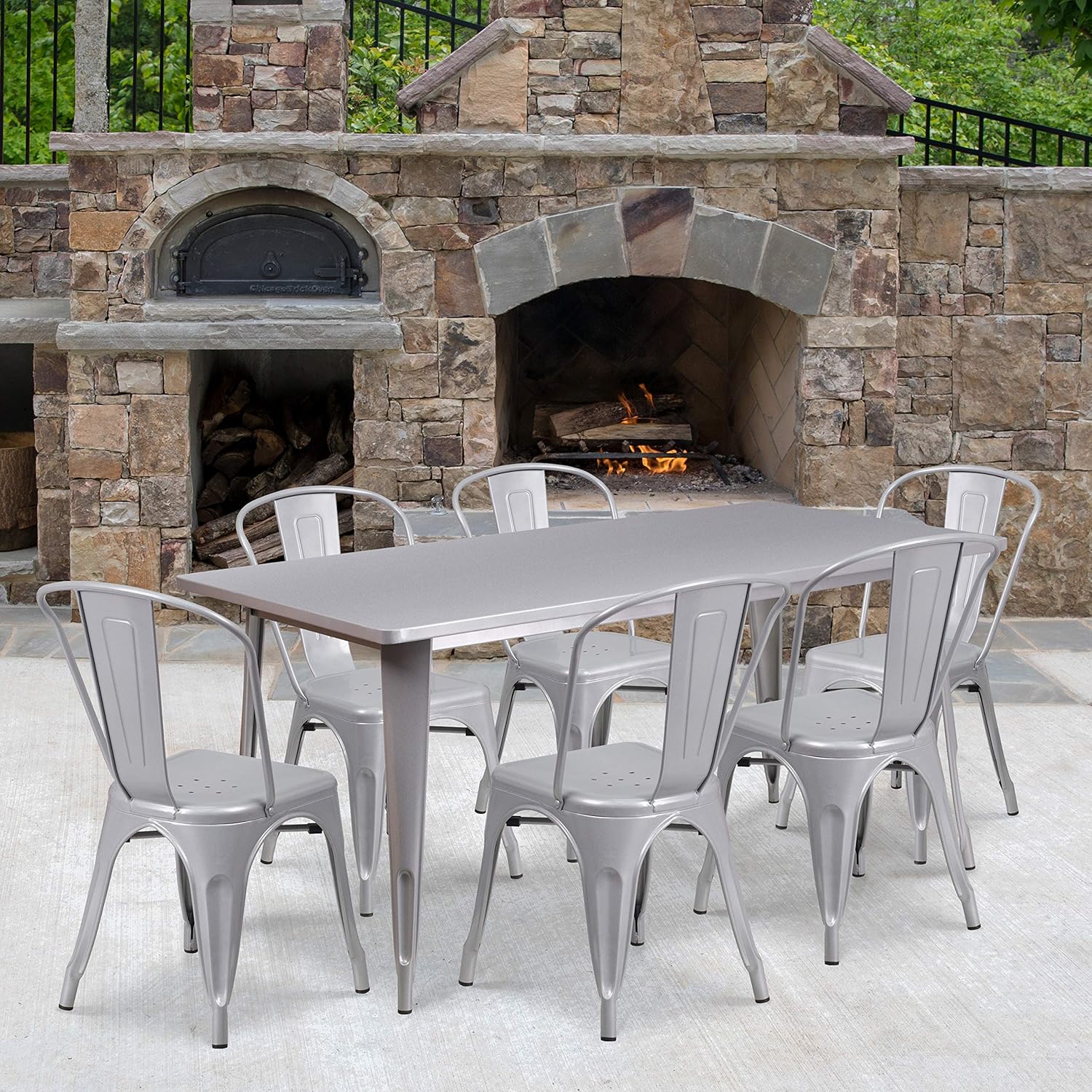 EMMA + OLIVER Commercial Grade Rectangular Green Metal Indoor-Outdoor Table Set-6 Stack Chairs