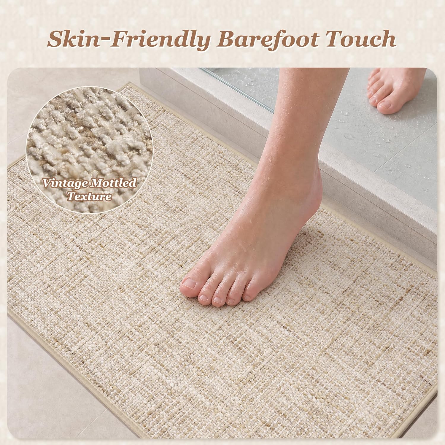 Chenille Bath Mat Non Slip Absorbent Quick Dry Bathroom Mat 17"x24", Beige