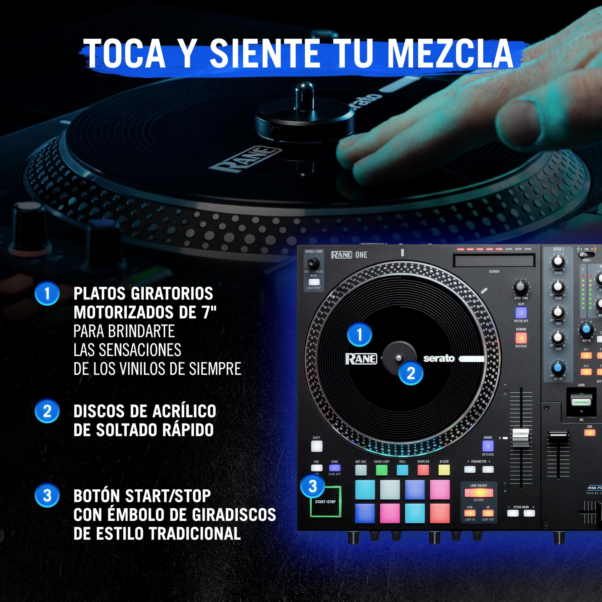 RANE ONE, Controlador DJ Profesional con Platos Motorizados de 7.2" Para Serato, Mesa de Mezclas con Serato DJ Pro Incluido, Efectos y 8 Pads