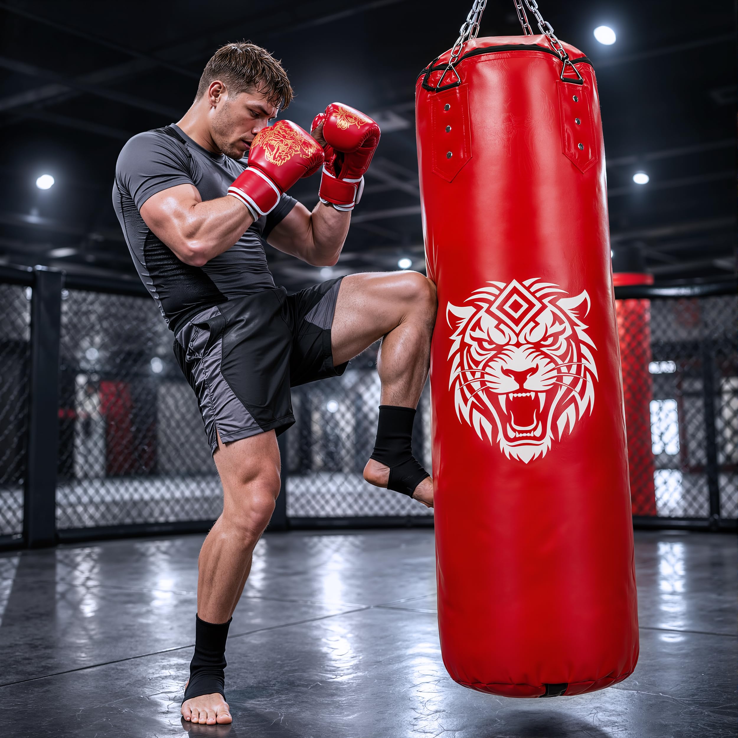Boxsack Set Erwachsene 120 cm – Schwerer Boxsack mit 10 oz Boxhandschuhen, Griffkrafttrainer, Springseil, Reflexball, Handwraps, Deckenmontage – Komplettset für Heimtraining MMA Karate