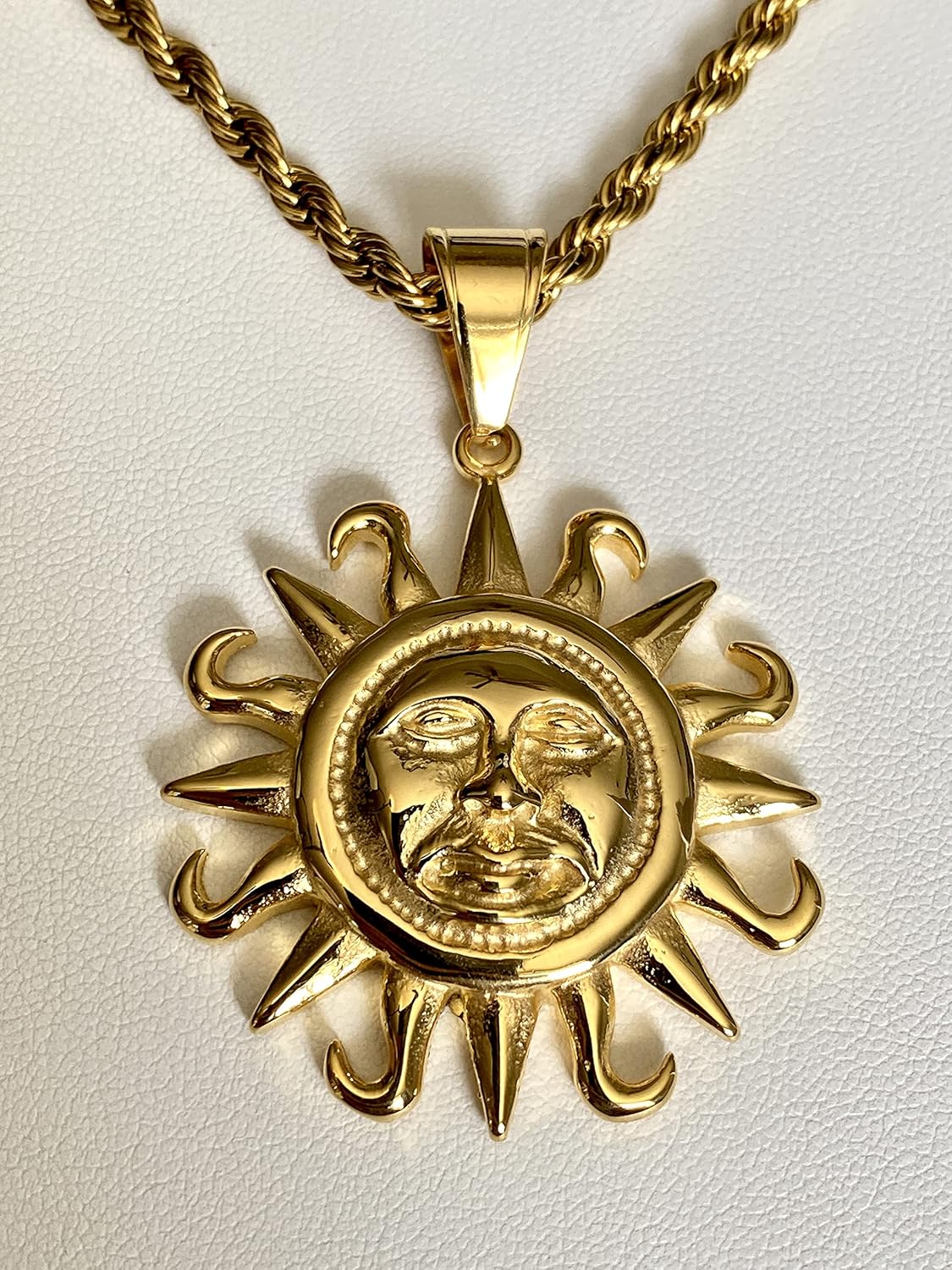 Vintage Sun Circle Coin Necklace Men's Women 14k Gold Finish Pendant Stainless Steel Real 3 mm Rope Chain Necklace, Mens Jewelry, Iced Pendant, Rope Necklace, Sun necklace