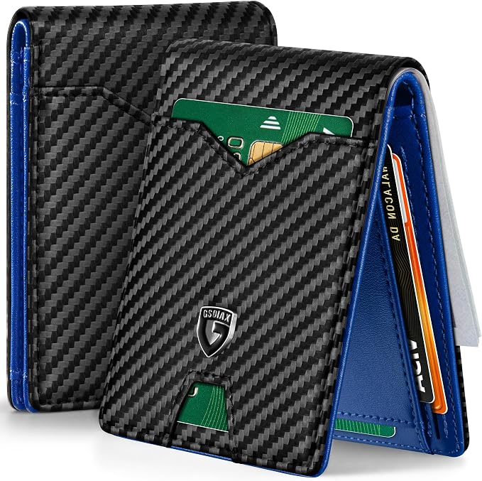 GSOIAX Billetera delgada para hombres con bloqueo RFID de cuero plegable con bolsillo frontal, portatarjetas de fibra de carbono con caja de regalo, Slim