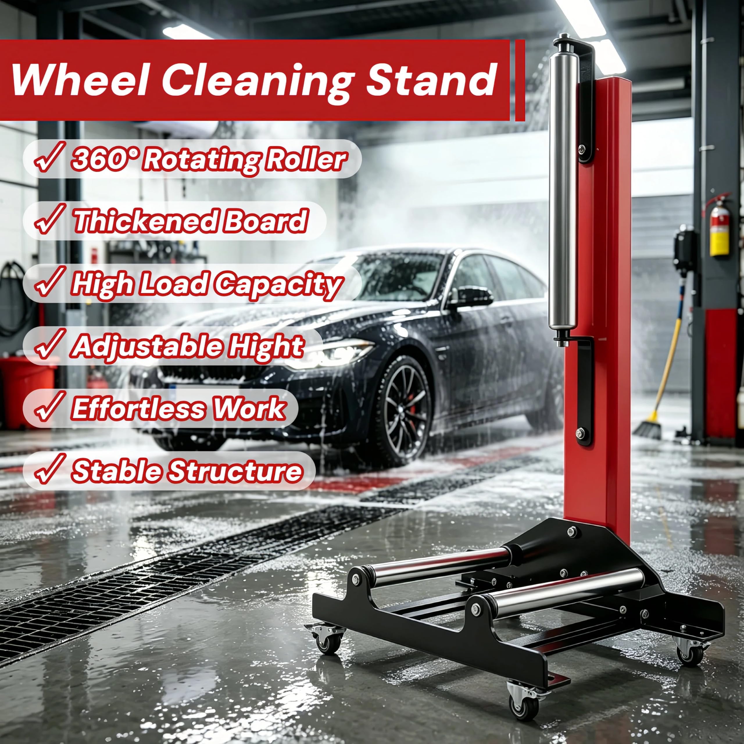 Felgenständer mit Laufrollen, 4 Universalrollen & 3-Rollen-Design & Höhenverstellung Reifenständer aus Stahl - Detailing Wheel Cleaning Ständer für Reinigung Polieren und Wartung von Rädern