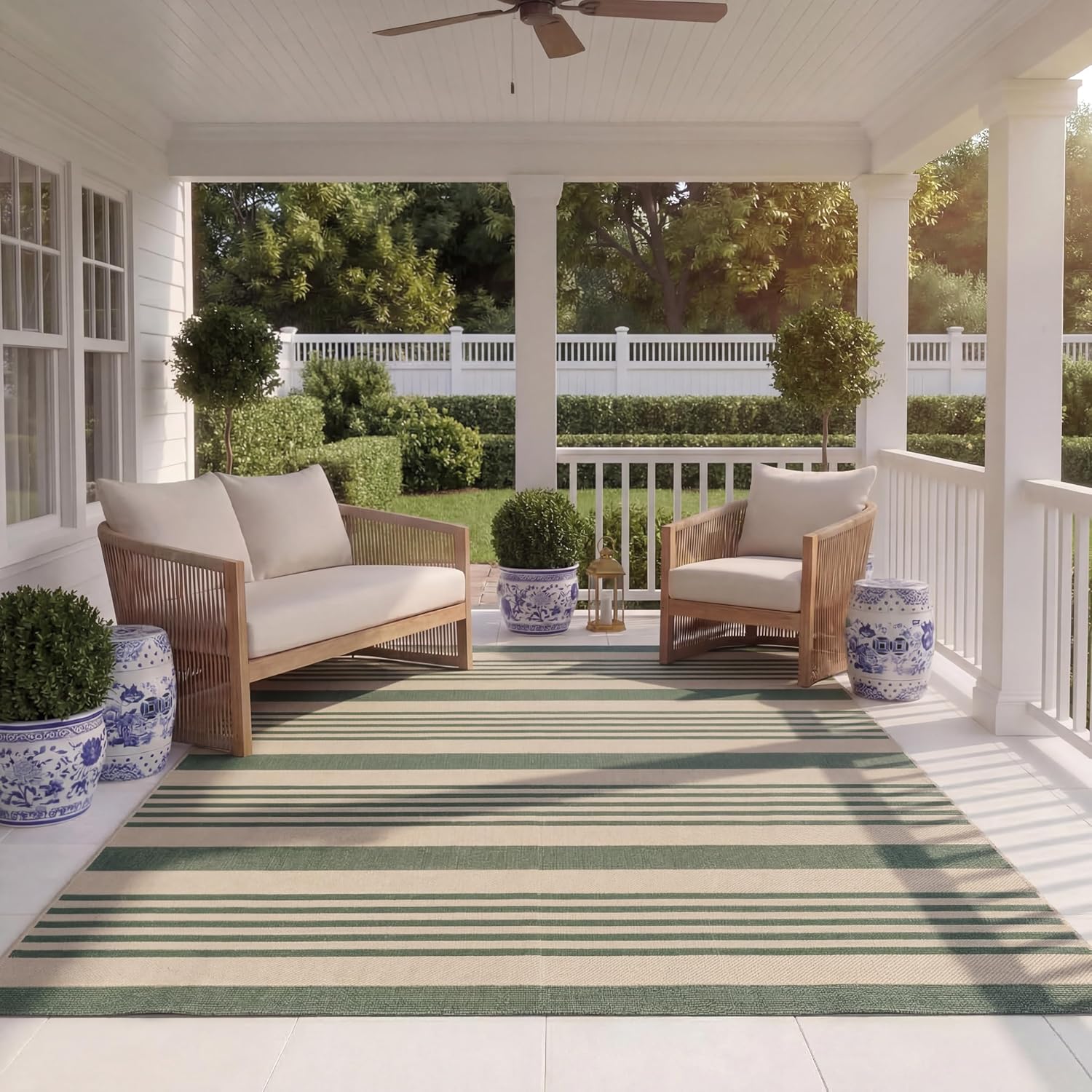 SAFAVIEH Washable Rug Outdoor Courtyard Collection - 6' x 8', Beige & Dark Green, Non-Shedding & Easy Cleaning, Ideal for Patio, Entryway, Mudroom, Hallway, Kitchen (CY6062-322)