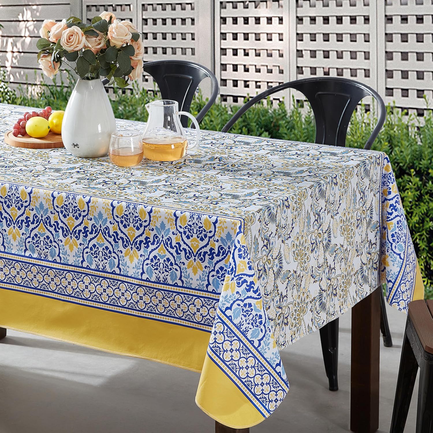 Home Bargains Plus Rectangle Vinyl Tablecloth with Flannel Backing, 60 x 84 Inch, Alluring French Country, Yellow and Blue Floral Vinyl Table Cover, Heavy Weight for Dining Party and Barbecues