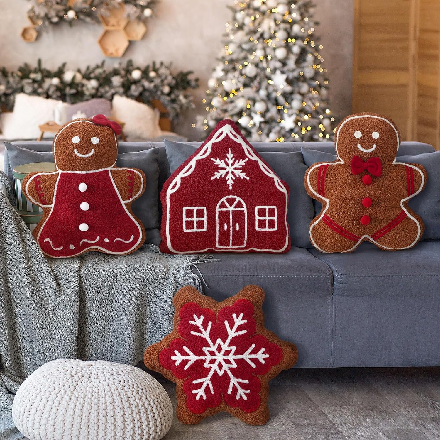 4 Pcs Christmas Throw Pillows Plush Gingerbread Men Gingerbread House Snowflake Shaped Pillow for Christmas Winter Holiday Party Outdoor Bedroom Cushion Decoration
