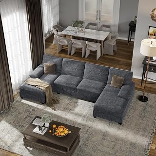 Walsunny Sectional Couches for Living Room, Convertible U-Shaped Sofa Couch with Double Chaise, 4 Seat Sofa Set Modular Sofa Couch for Apartment, Dark Grey