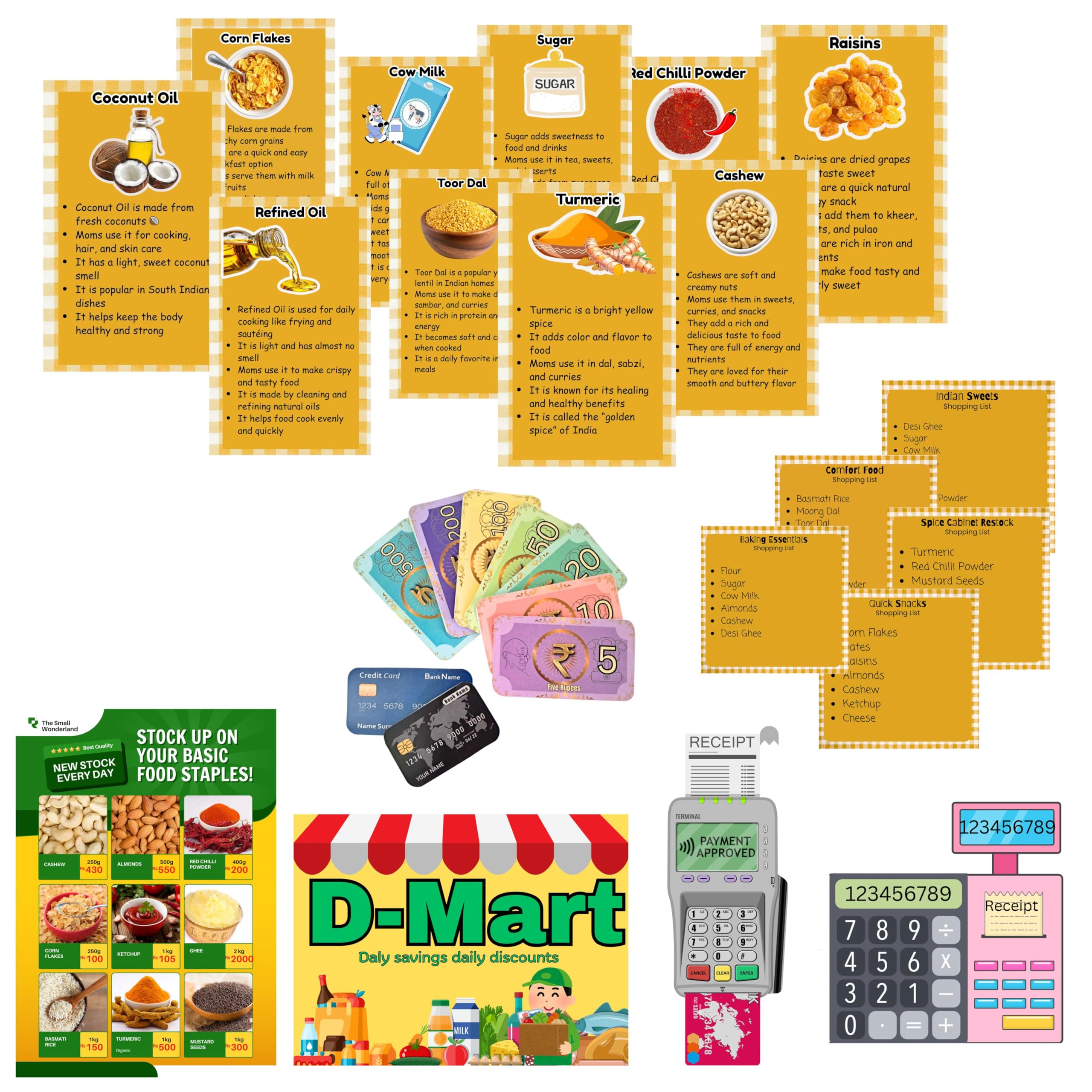 The Small Wonderland Indian Grocery Kitchen Play Set – 25-Piece Realistic Fabric Indian Play Food Collection for Kids 3+ | Traditional Kirana Store Role Play Toy | Educational Kitchen Learning Set 1
