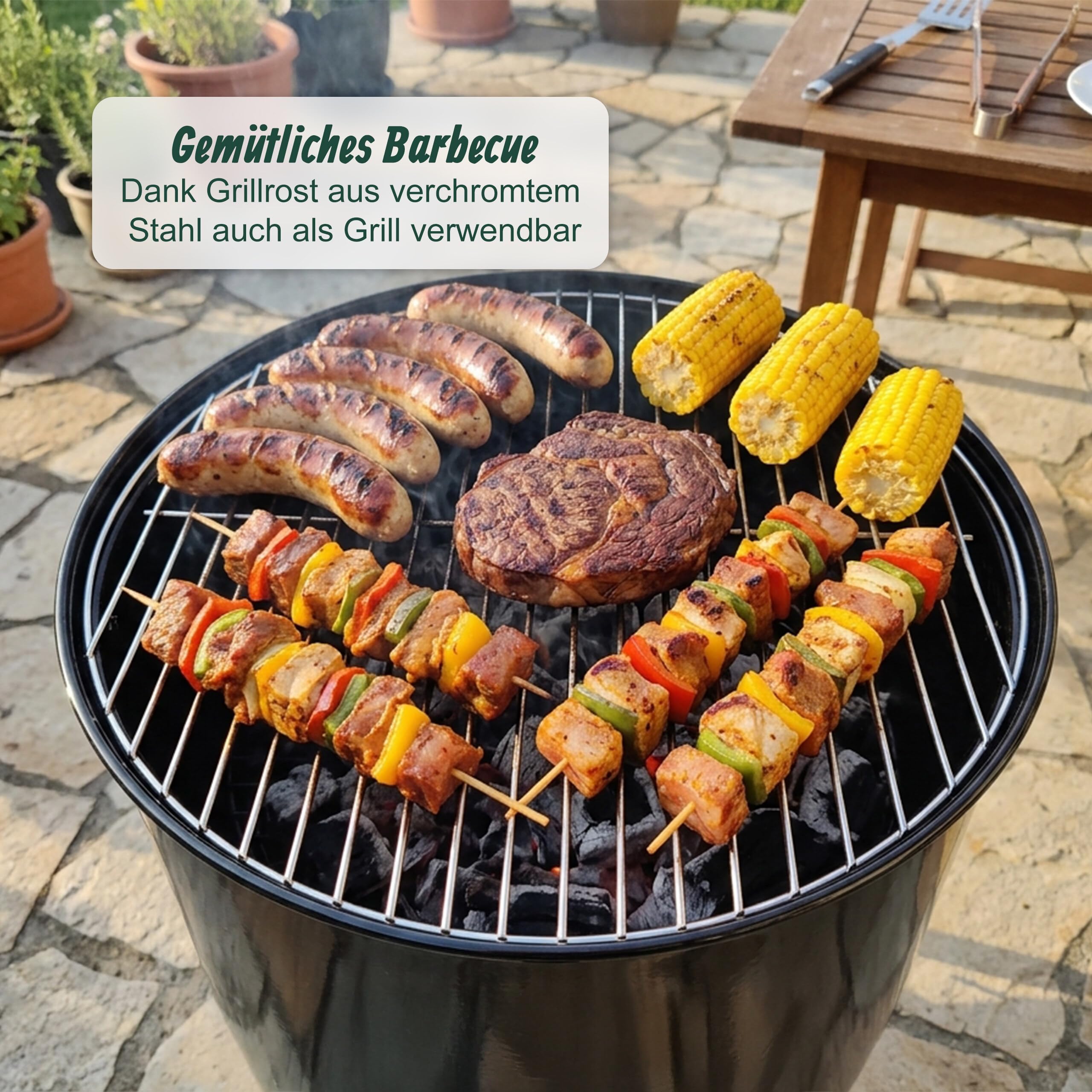 Relaxdays Feuerschale ohne Rauch, 2 in 1 mit Grillrost, Stahl, schwarz | HxØ: 46x52 cm, emailliert, raucharme Feuerstelle