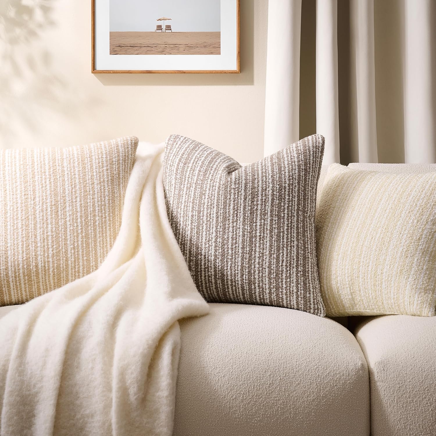 Throw Pillow Covers Set of 2 20x20 Inch Textured Boucle Pillow Covers, Soft Stripe Chenille Decorative Beige Covers for Couch Sofa Bed Living Room, Neutral Farmhouse Covers, Home Boho Decor