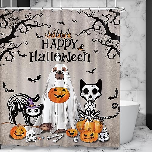 Miniatura 4 de Cortina de ducha de calabaza espeluznante divertida para Halloween, fantasma, perro, gato, para baño, bonita y divertida decoración de bañera